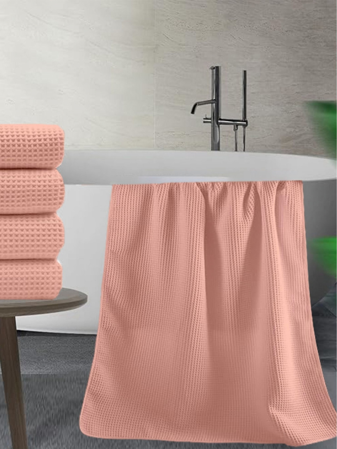Enchant Home Peach-Coloured Checked Cotton 350 GSM Bath Towel