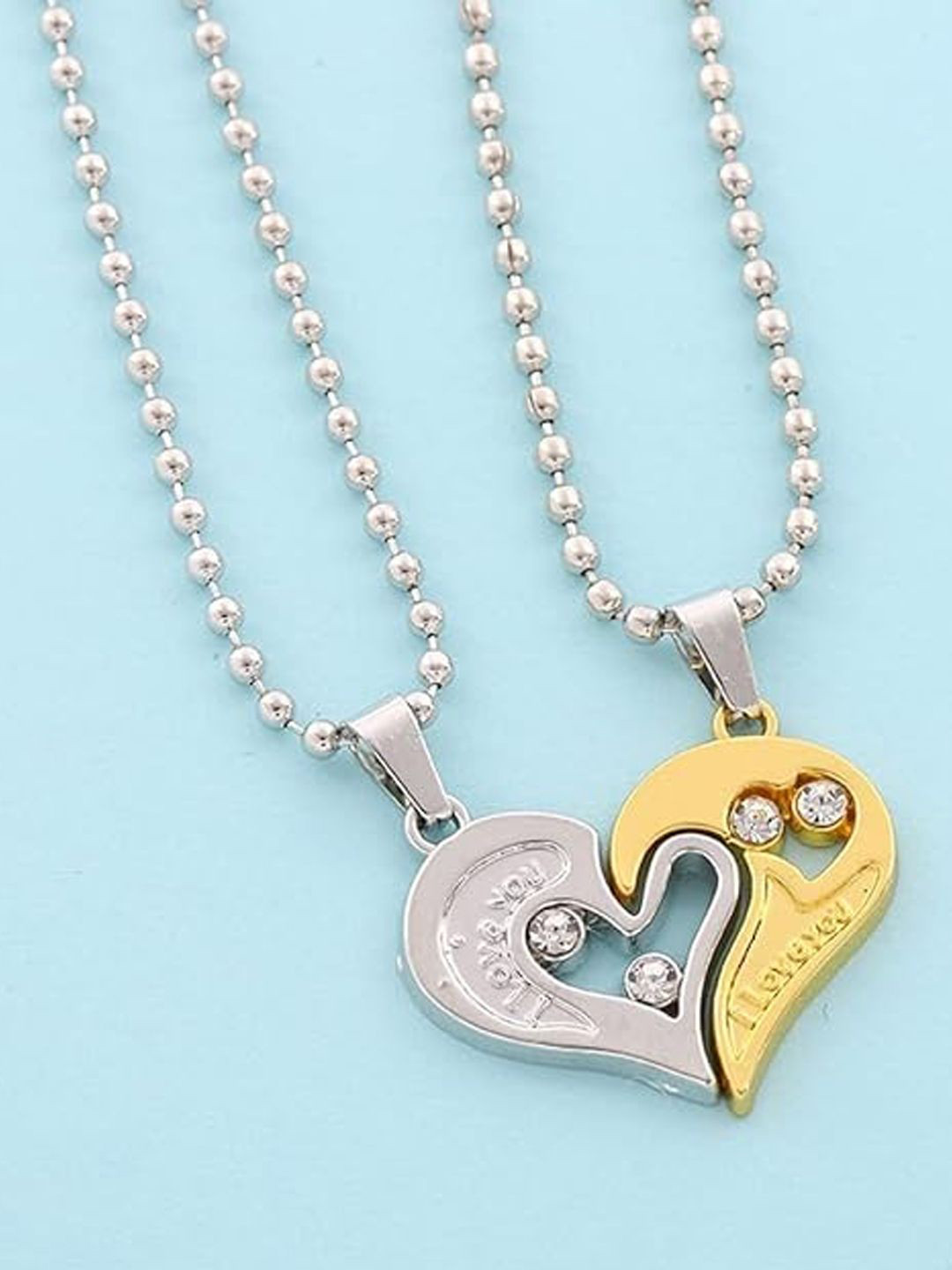 Goldnera Set of 2 Stone Studded Heart Shaped Pendants with Chains