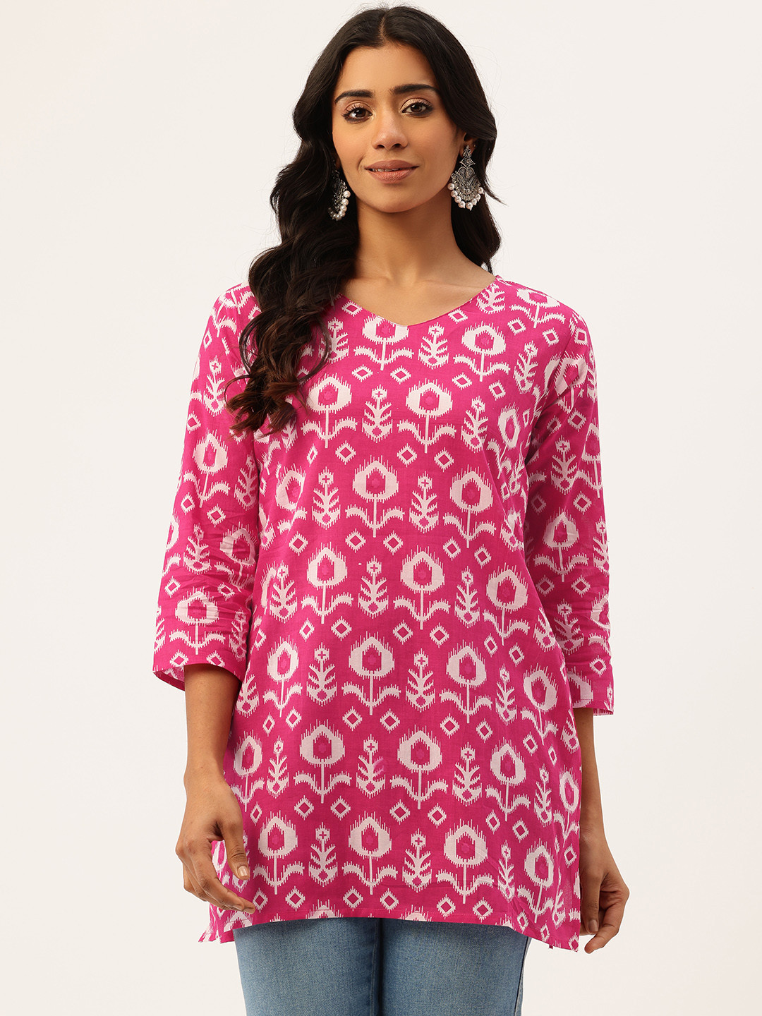 FERANOID Ethnic Motifs Printed V-Neck Pure Cotton Kurti