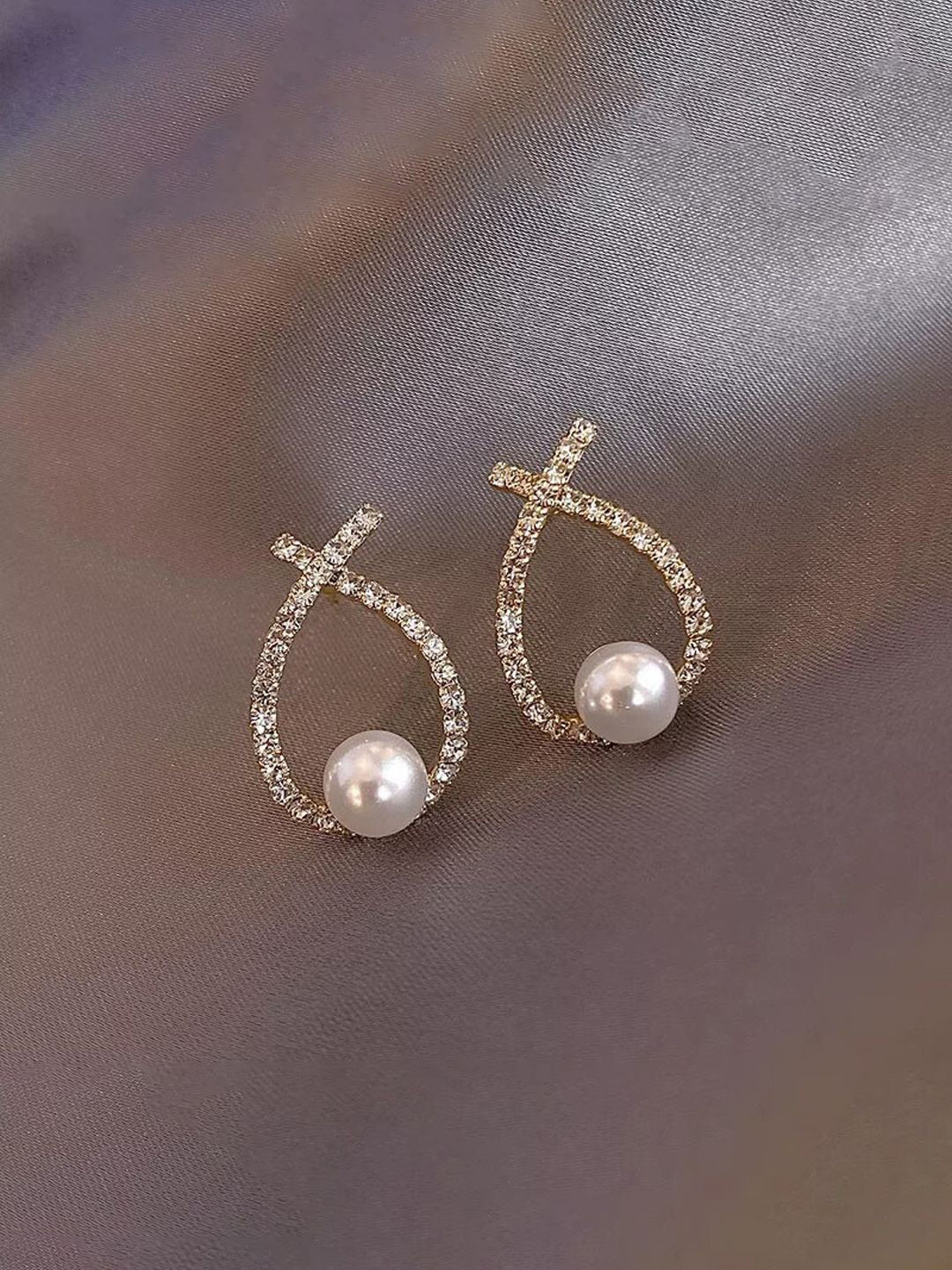 BEYTER Korean Artificial Stones Studded & Perarls Beaded Contemporary Shaped Drop Earrings