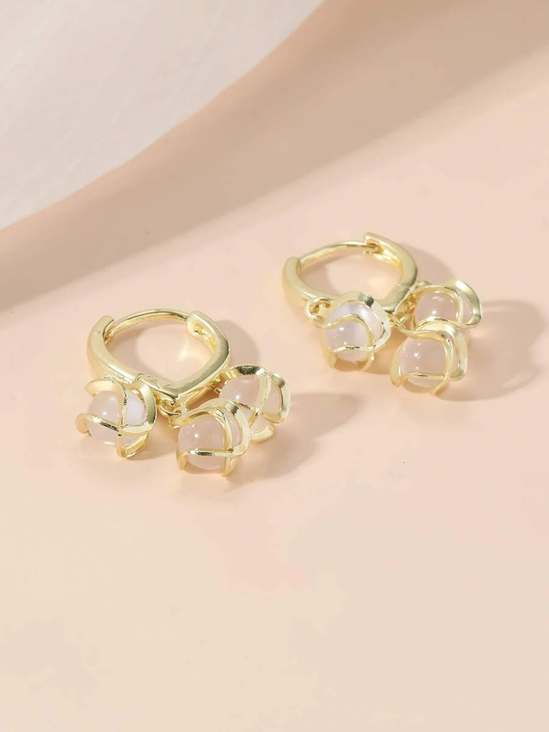 PolluxCraft Gold-Plated CZ & Opal Stones Beaded Contemporary Shaped Drop Earrings