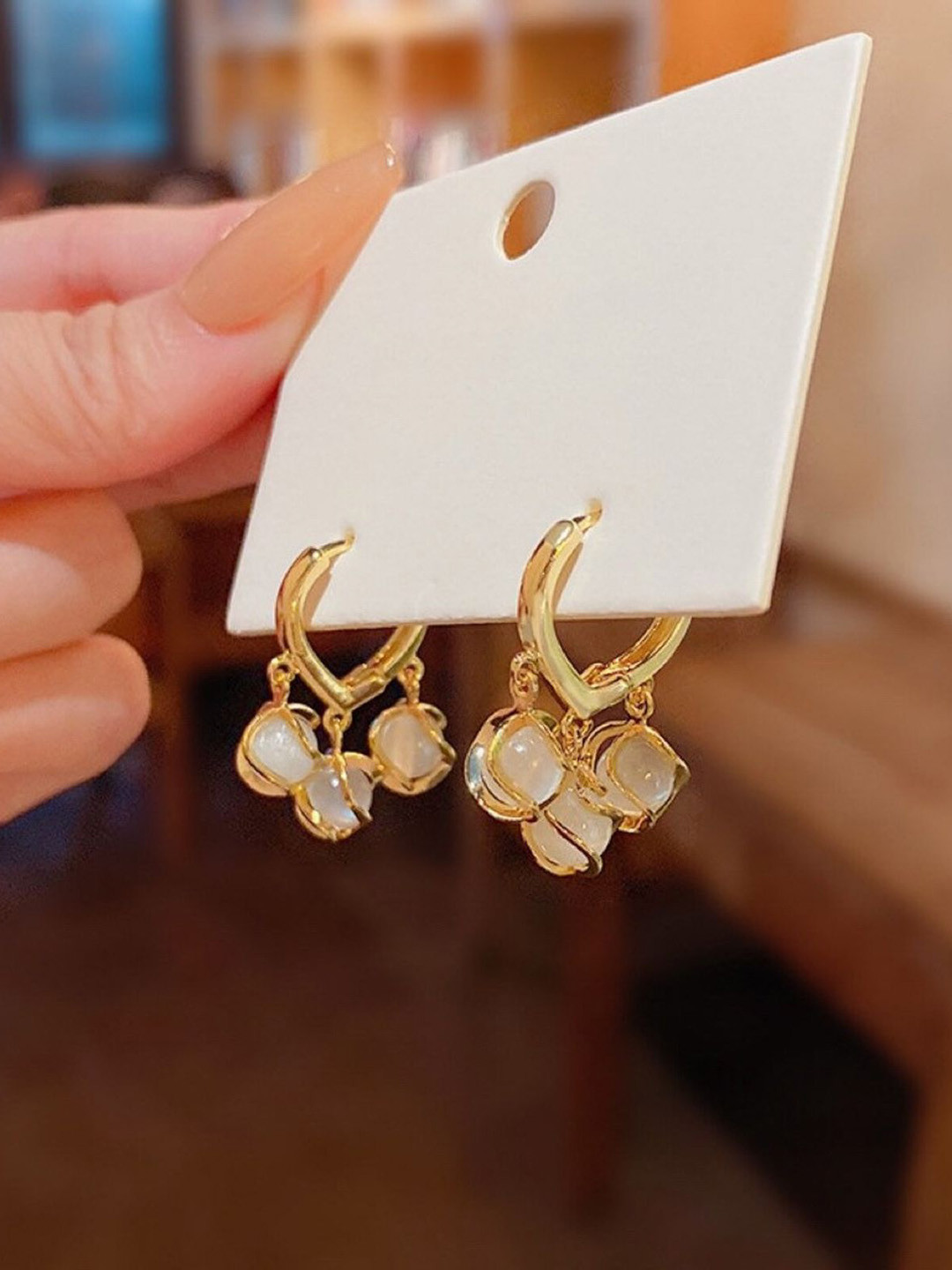 PolluxCraft Design Sense Gold-Plated Opal Cubic Zirconia Beaded Contemporary Drop Earrings