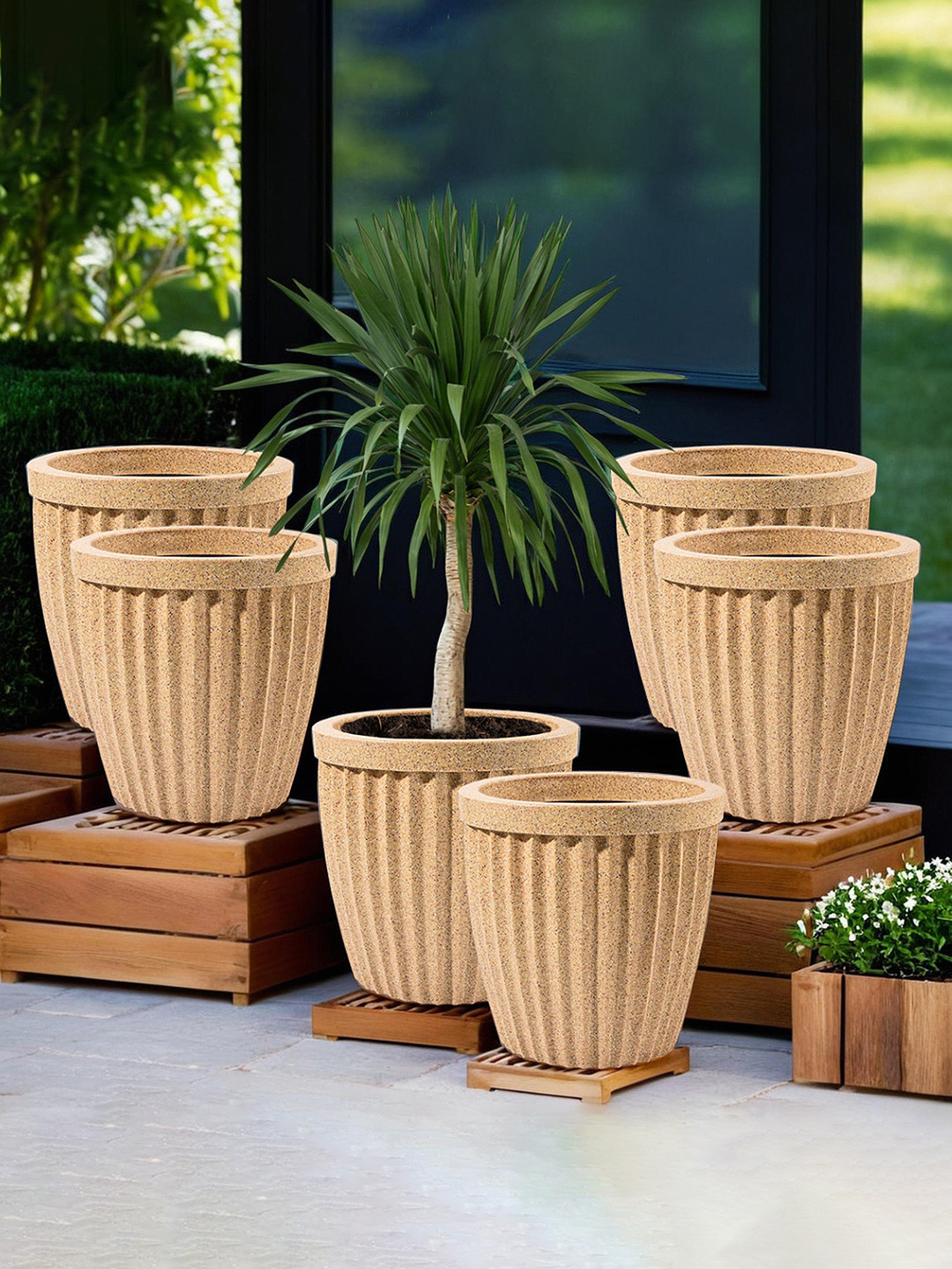 Kuber Industries Marble Pihu Neo Brown 6 Pcs Textured Roto Mould Flower Planters