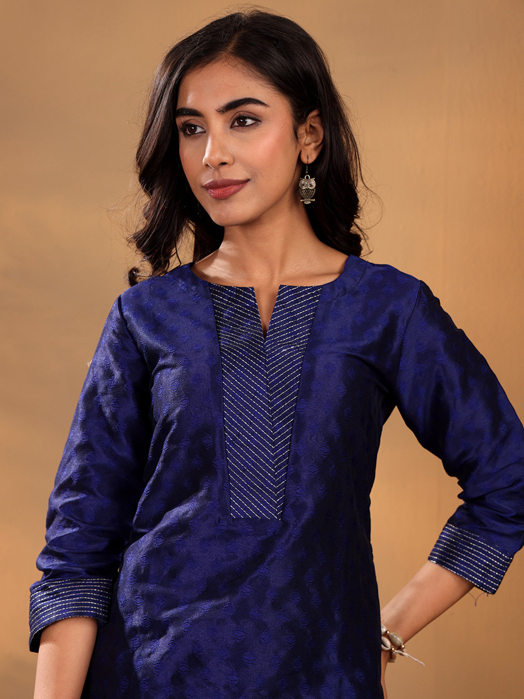 Varanga Navy Blue Ethnic Motifs Woven Design Thread Work Kurta With Trouser