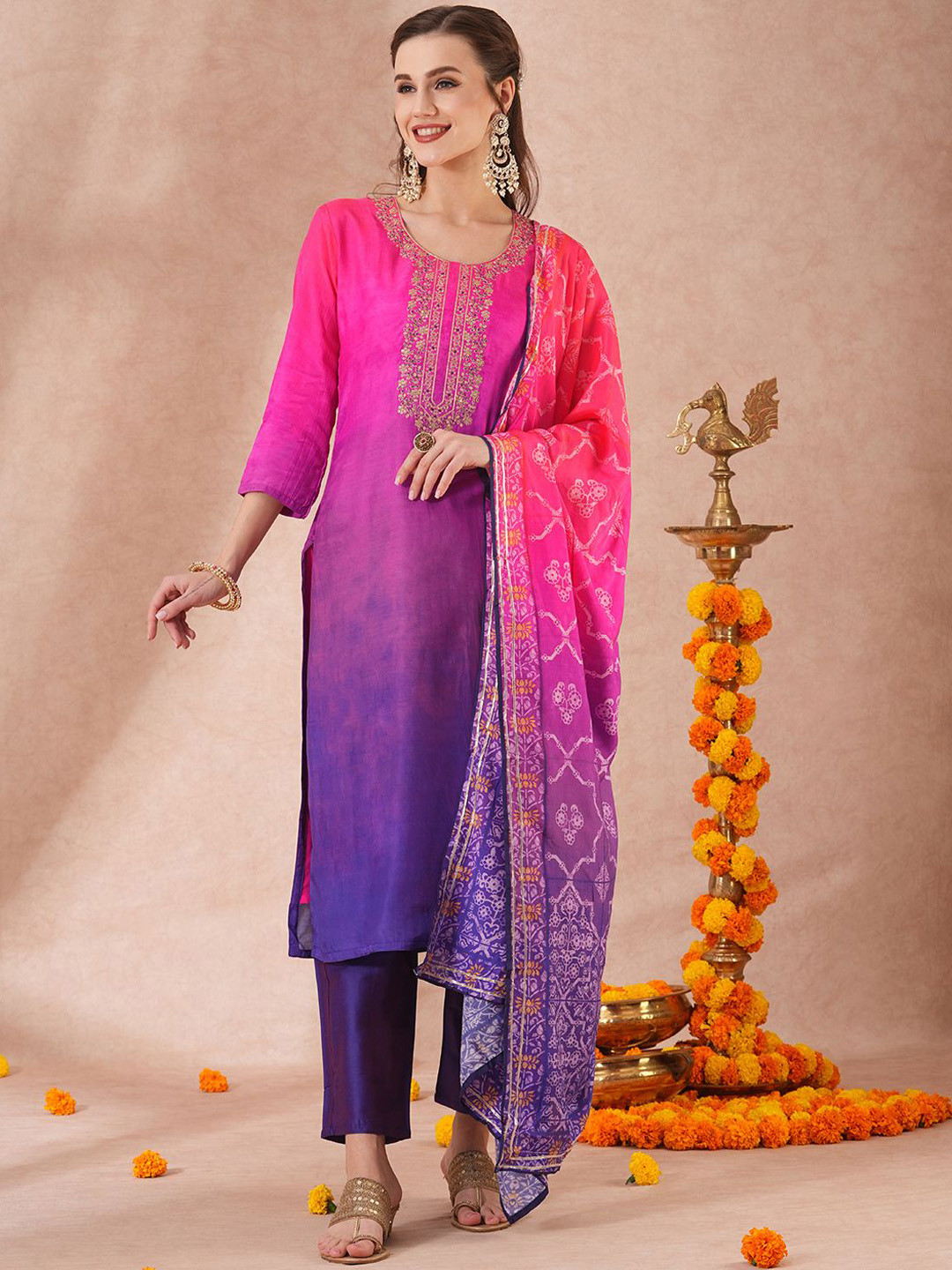 FASHOR Pink Ombre Dyed Round Neck Straight Kurta With Trousers & Dupatta