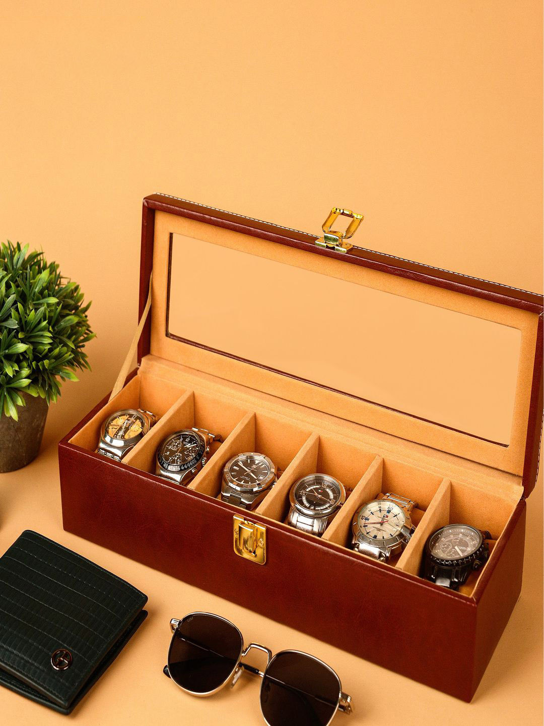 BIRCH & CO. Unisex Brown 6-Slot Water Resistance Watch Organiser