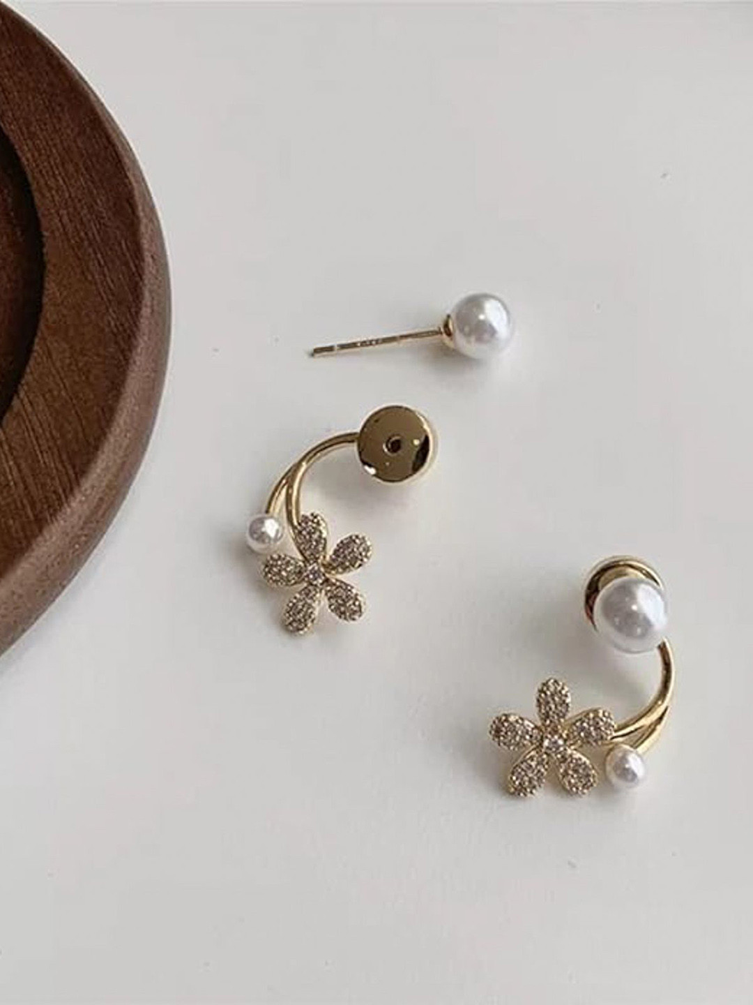 PolluxCraft Korean Gold-Plated Pearl And Zircon Studded Contemporary Shaped Studs