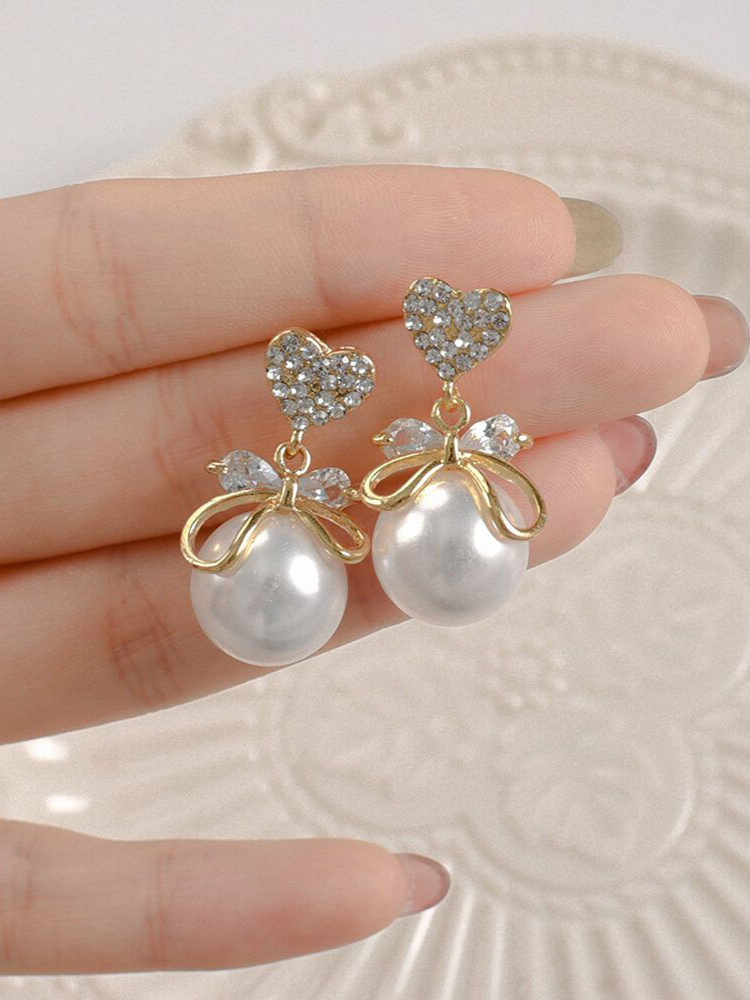 PolluxCraft Korean Gold-Plated Artificial Pearls Studded Contemparory Shaped Drop Earrings