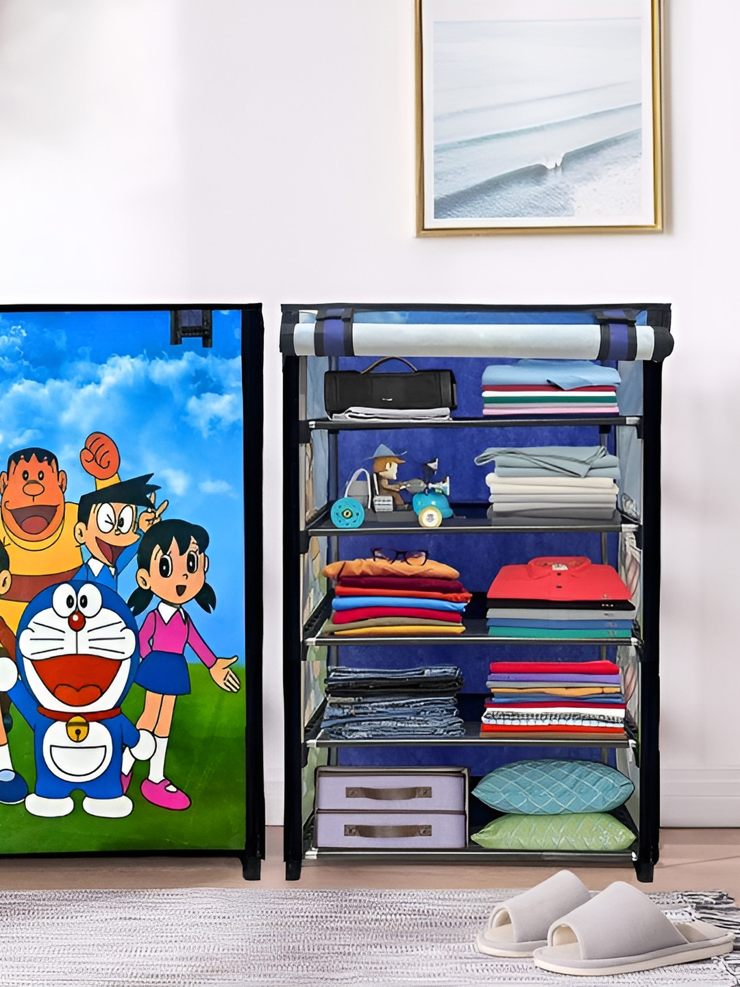 Rmerchants Blue & White Doraemon Printed Water Resistant 5 Tier Multi-Utility Organiser