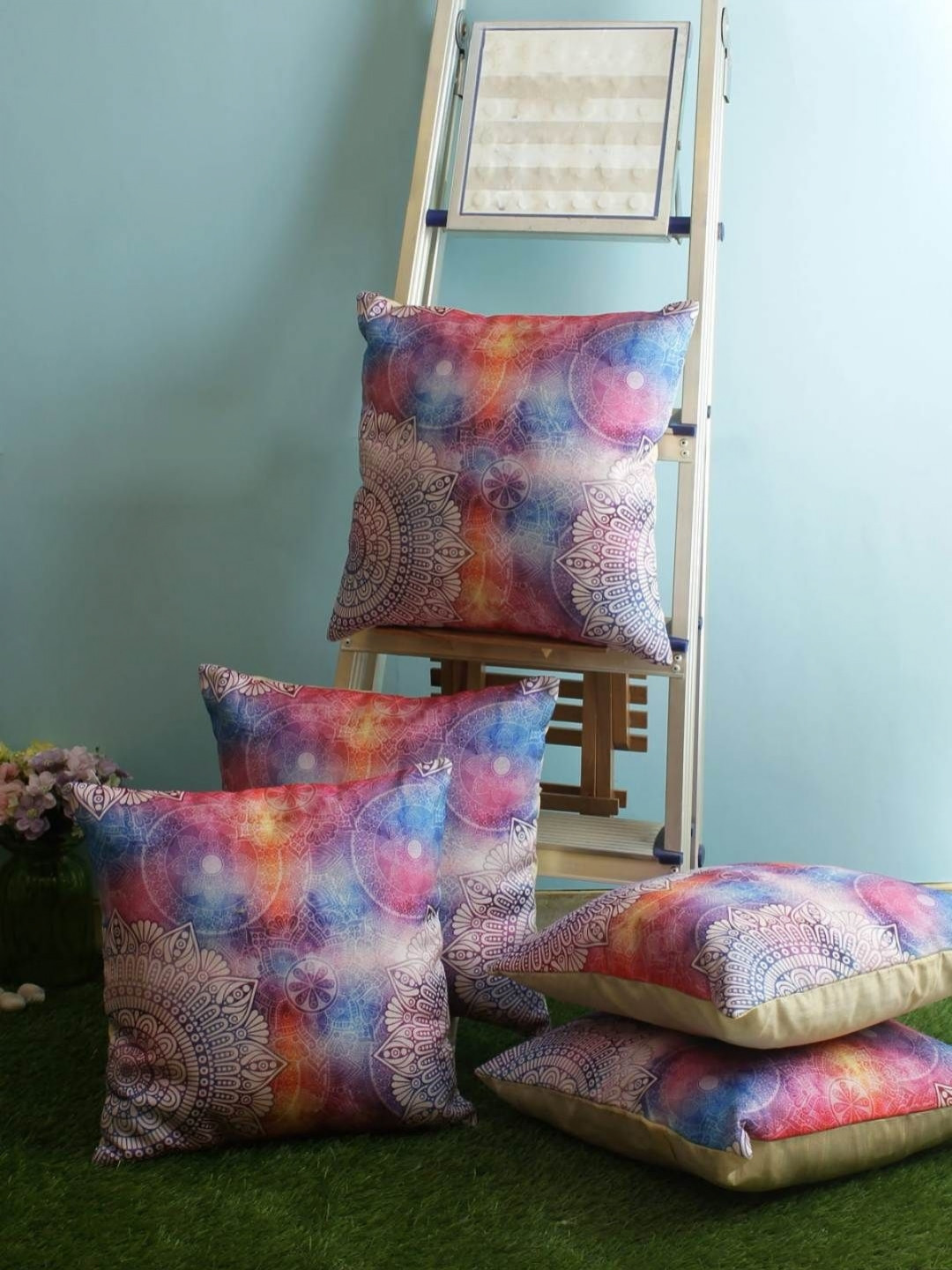 Aura Blue & Purple 5 Pieces Floral Printed Jute Cotton Square Cushion Covers