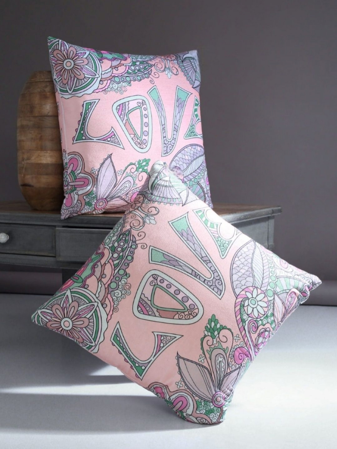 Aura Peach Floral Polyester Silk Washable 2 Piece Square Cushion Covers -24x24In