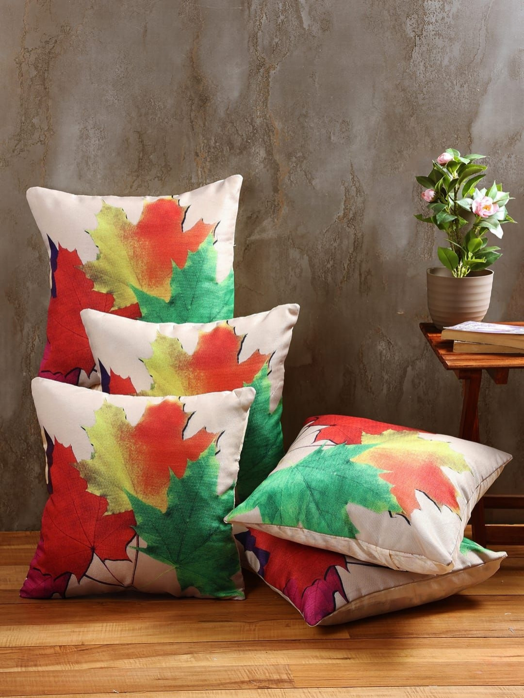 Aura Red & Green 5 Pieces Floral Printed Jute Cotton Square Cushion Covers