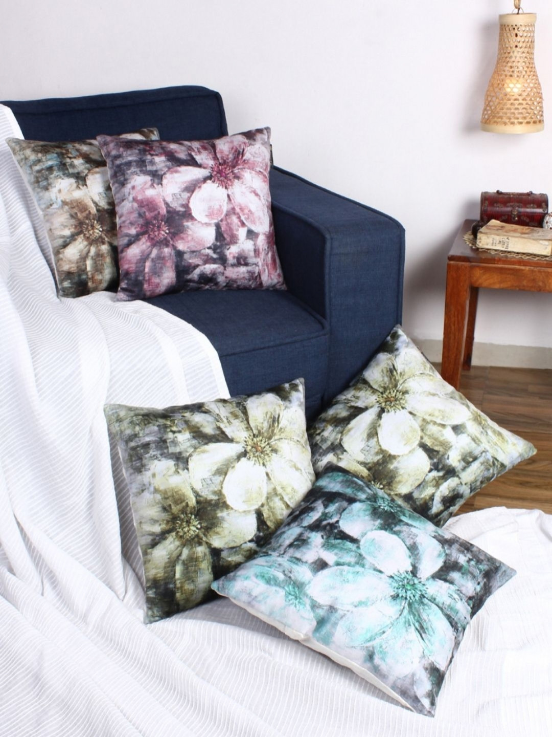 Aura Green & Purple 5 Pieces Floral Printed Velvet Square Cushion Covers