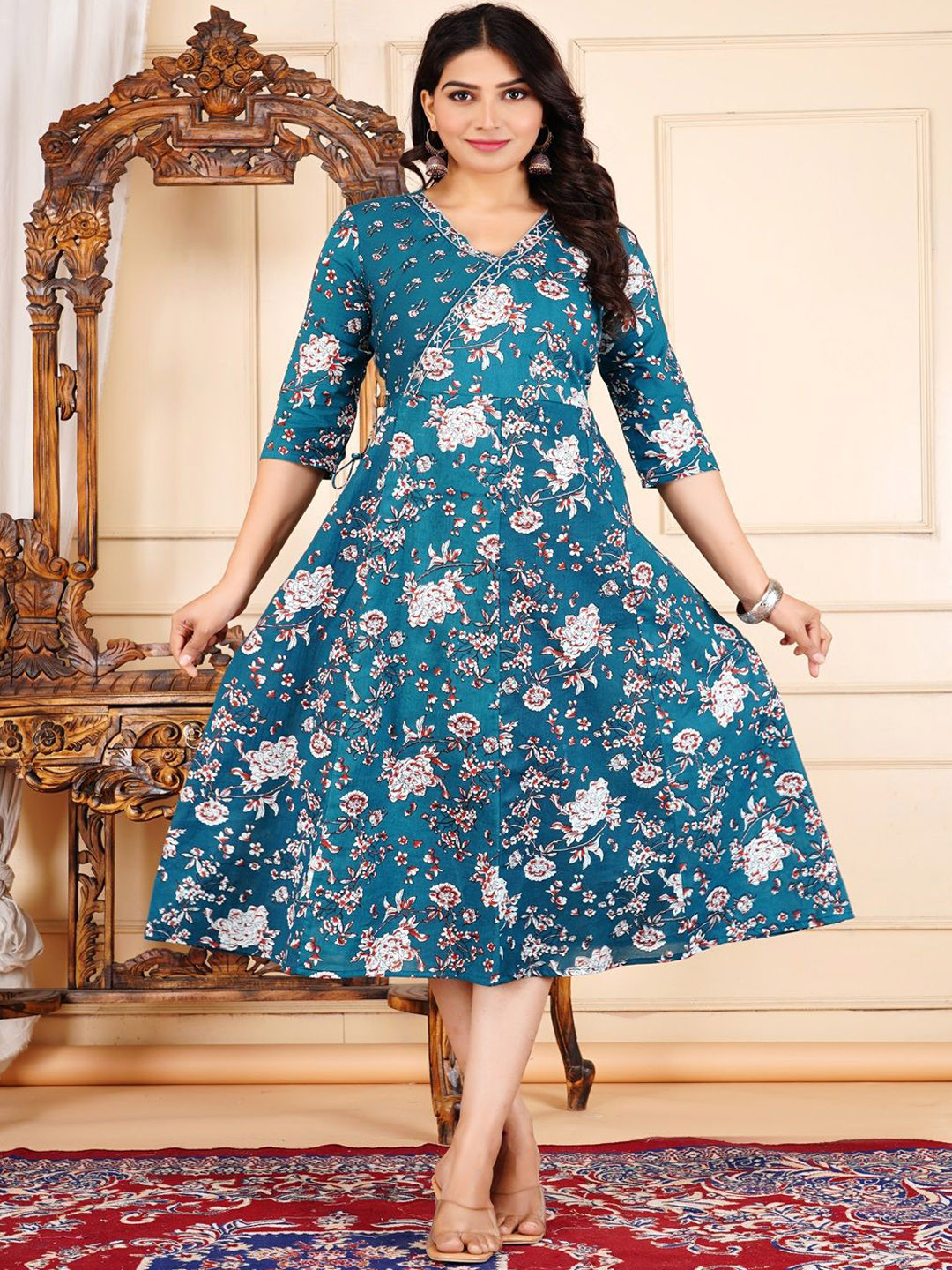 Divsy Fashion Floral Printed V-Neck Fit and Flare Ethnic Dresses