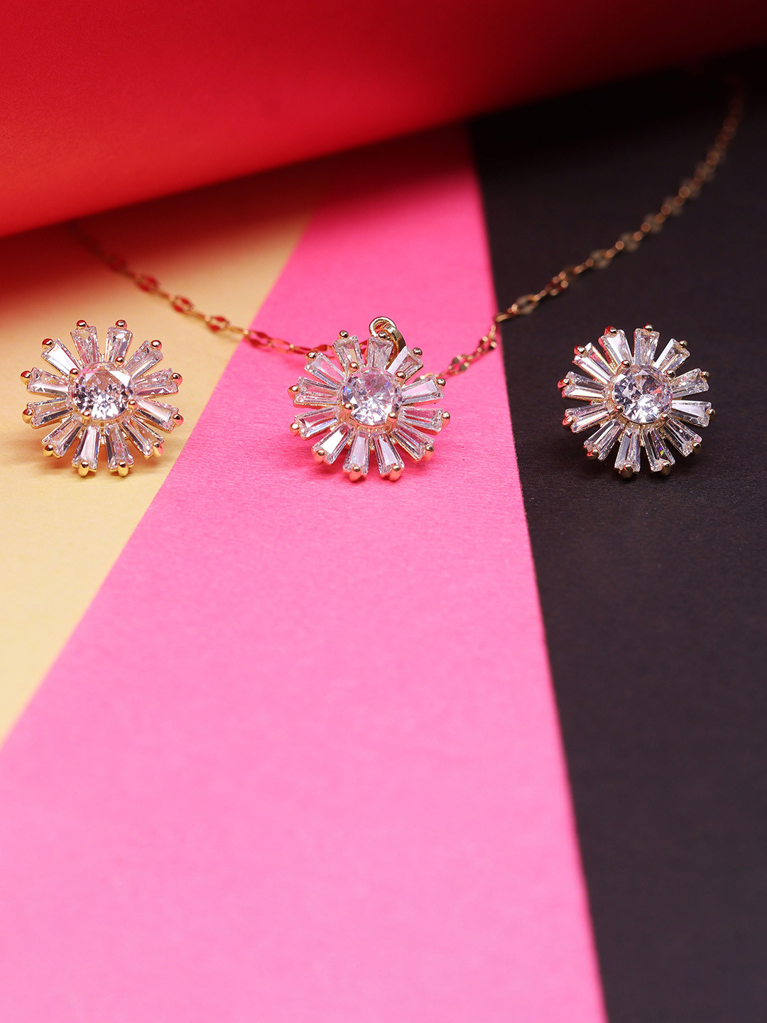 GOLD CASH Gold-Plated Crystals Stone-Studded Flower Jewellery Set