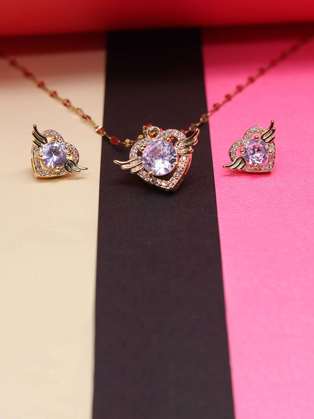 GOLD CASH 22K Gold Plated Crystal & AD Studded Stainless Steel Necklace and Earrings