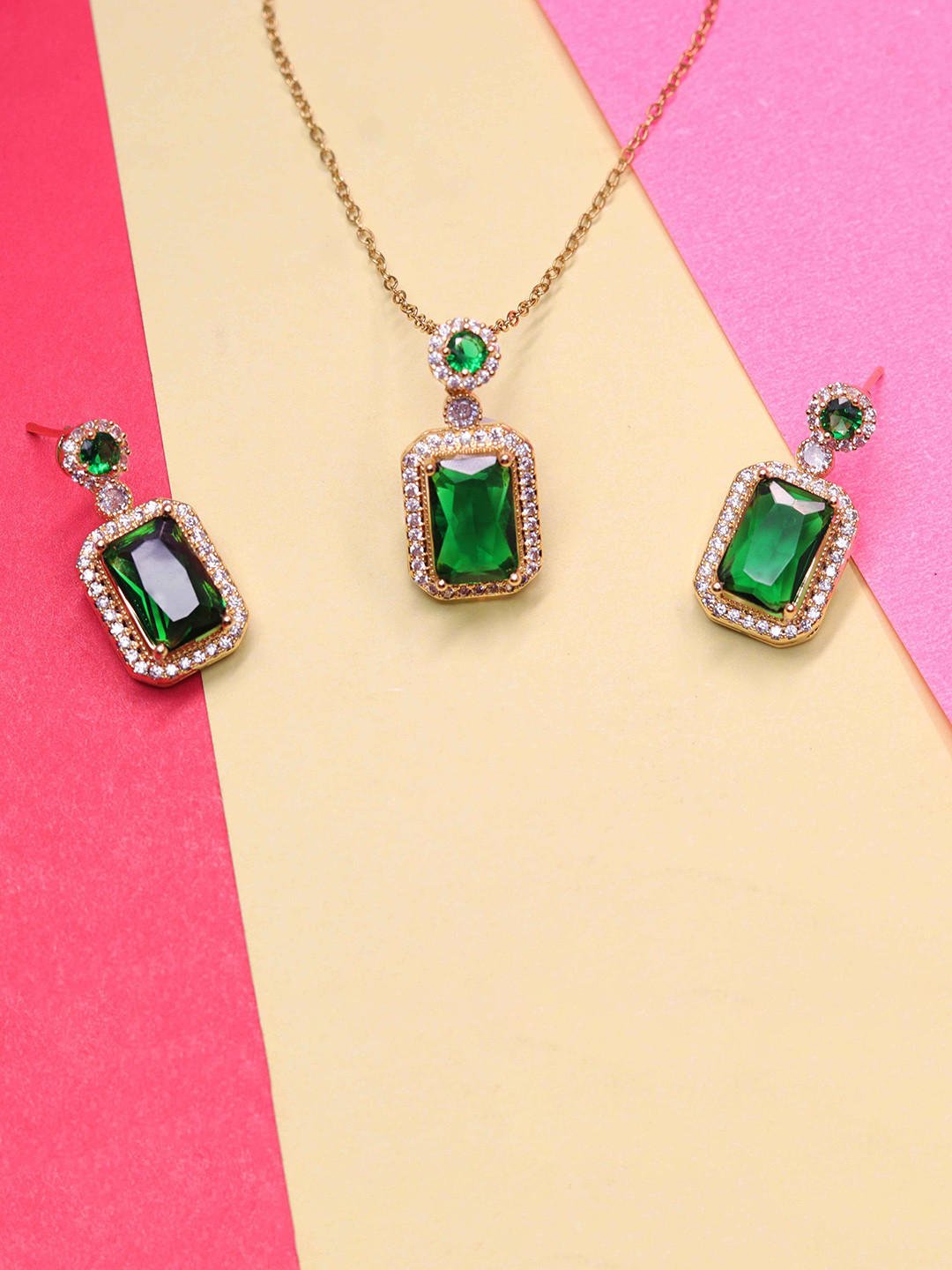 GOLD CASH Gold-Plated CZ & Emerald Crystals Stone-Studded Anti-Tarnish Jewellery Set
