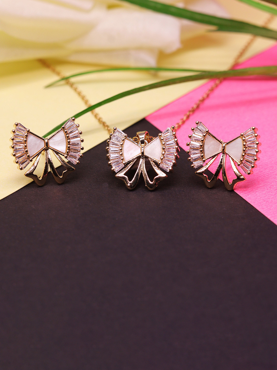 GOLD CASH 22K Gold Plated Cubic Zirconia & Crystal Studded Jewellery Set