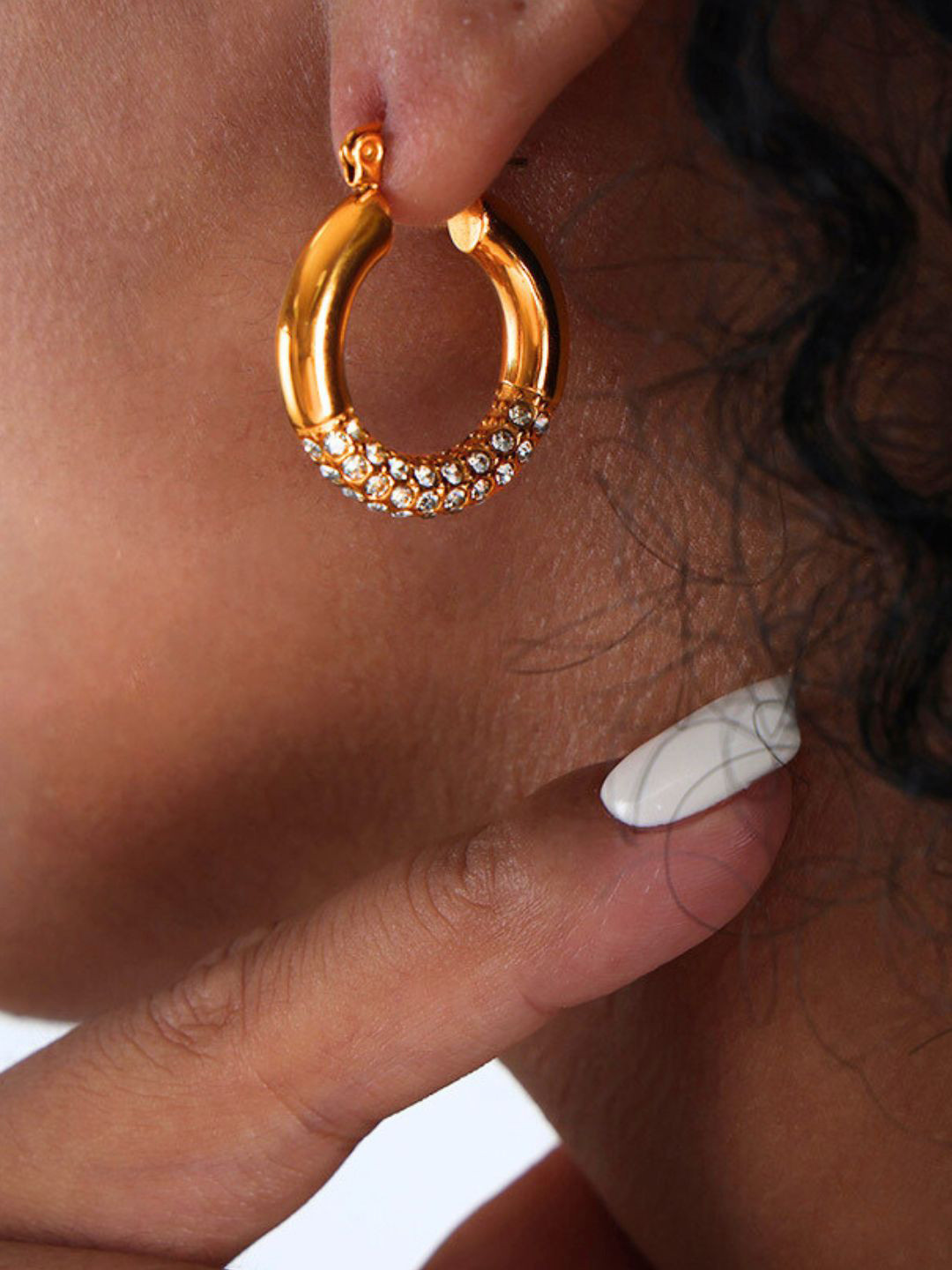 AQUASTREET 18K Gold Plated Waterproof Antitarnish Titanium Steel Rhinestone Hoop Earrings