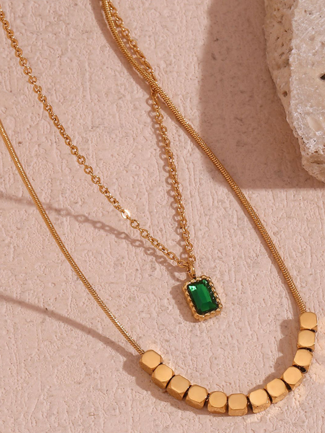 AQUASTREET 18K Gold Plated Waterproof Antitarnish Green Zircon Pendant Layered Chain