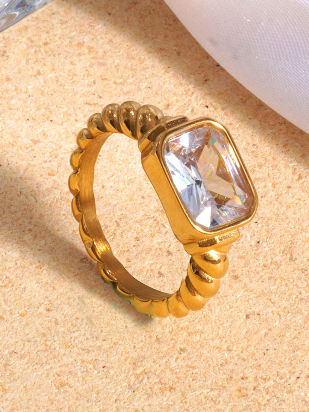 AQUASTREET 18K Gold Plated Waterproof Antitarnish Titanium Steel White Glass Stone Ring