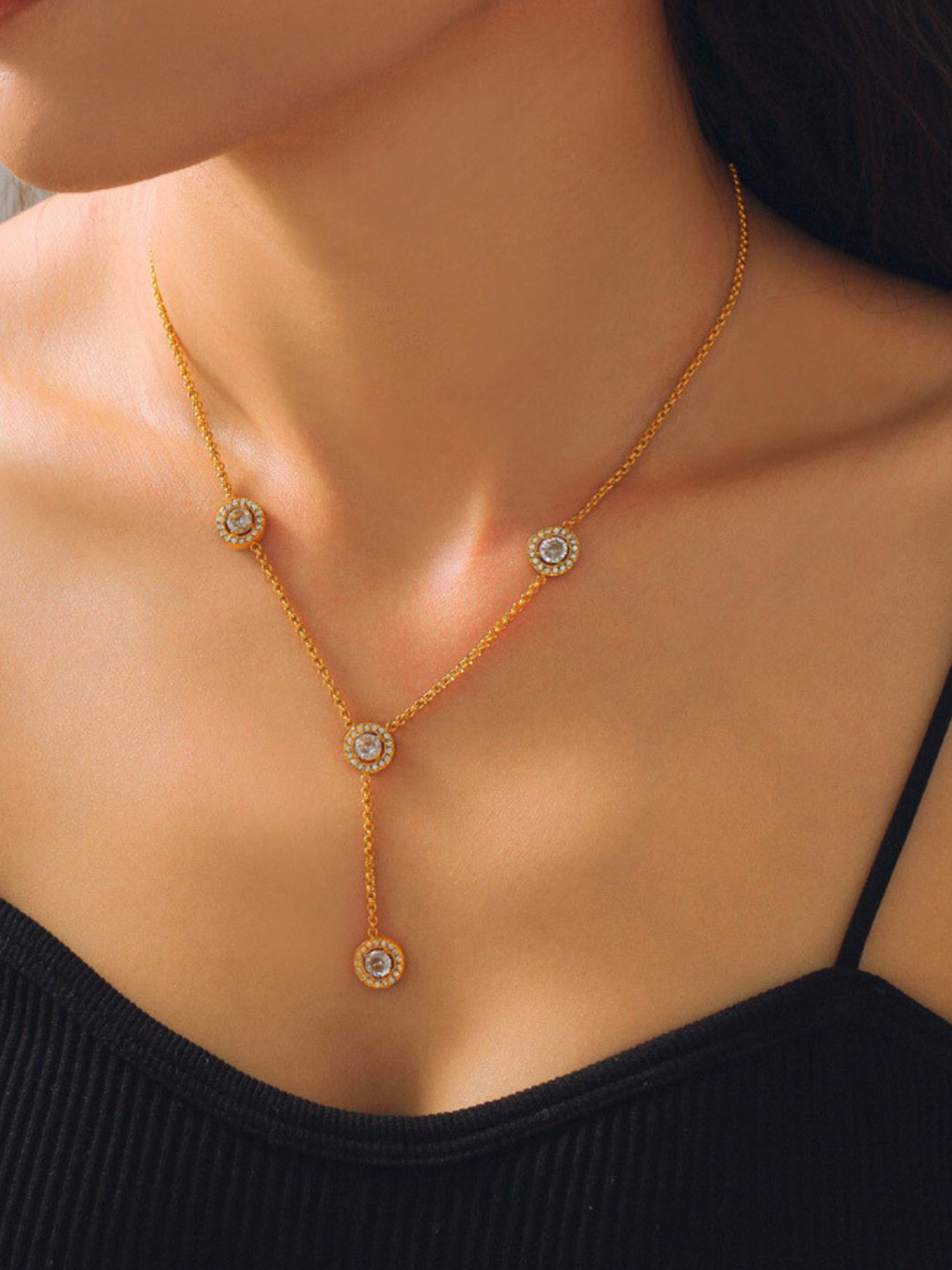 AQUASTREET 18K Gold Plated Waterproof Antitarnish Titanium Rhinestone Lariat Chain