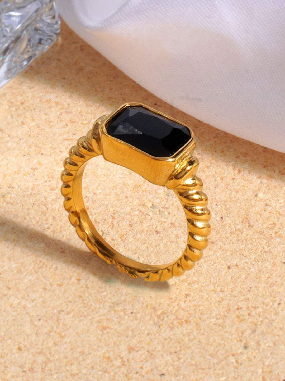AQUASTREET 18K Gold Plated Waterproof Antitarnish Titanium Steel Black Glass Stone Ring