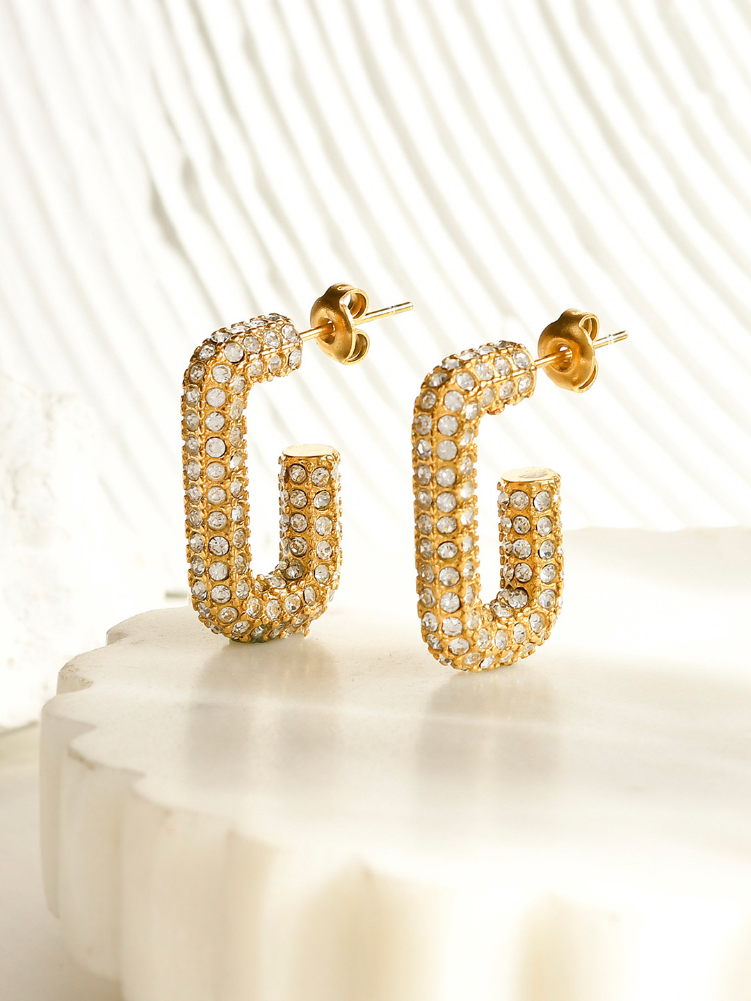 AQUASTREET 18K Gold Plated Waterproof Antitarnish White Zircon Square Hoops Earrings