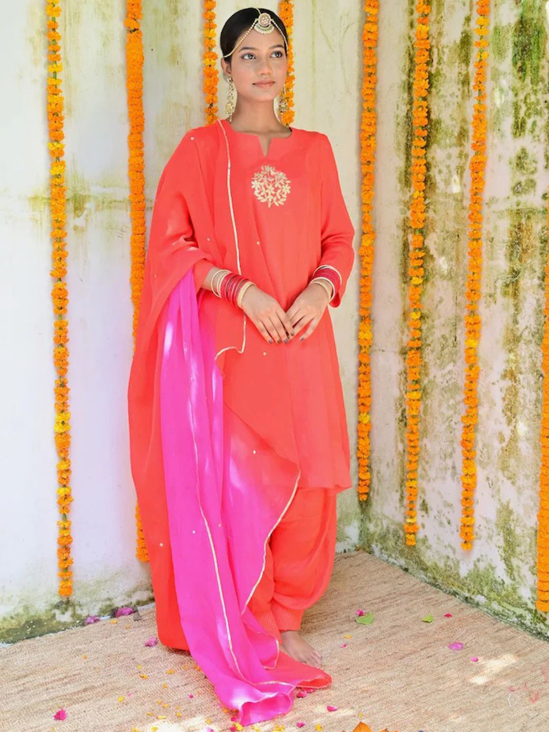 Mera Rang Floral Yoke Design Notch Neck A-Line Pure Cotton Kurta With Trouser & Dupatta