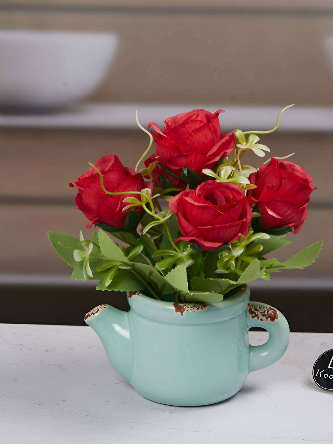 Kookee Green And Red Artificial Flower With Pot