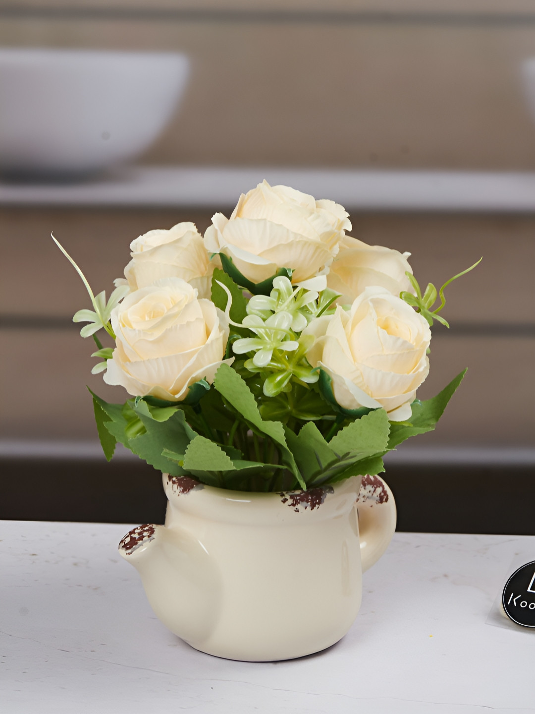 Kookee Cream And Green Artificial Flower With Pot