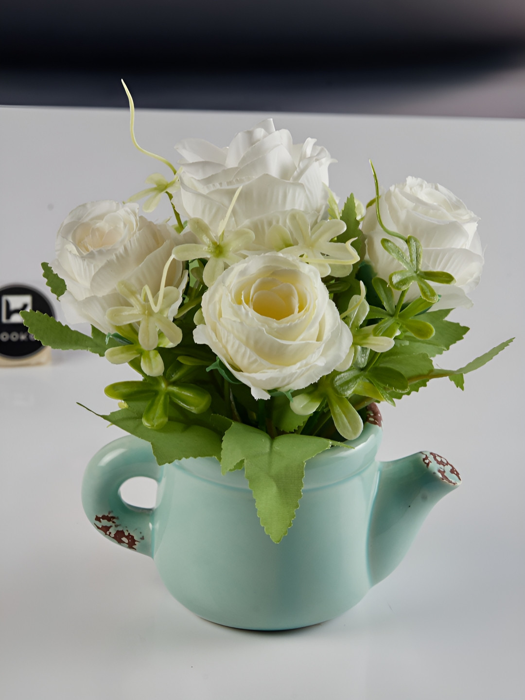 Kookee White And Green Artificial Flower With Pot