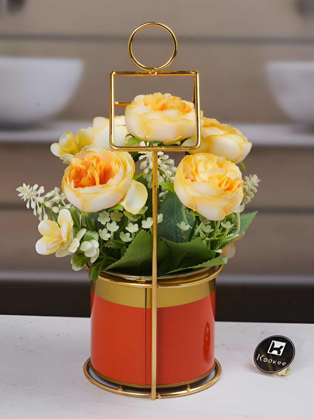 Kookee Yellow And Green Artificial Flower With Pot