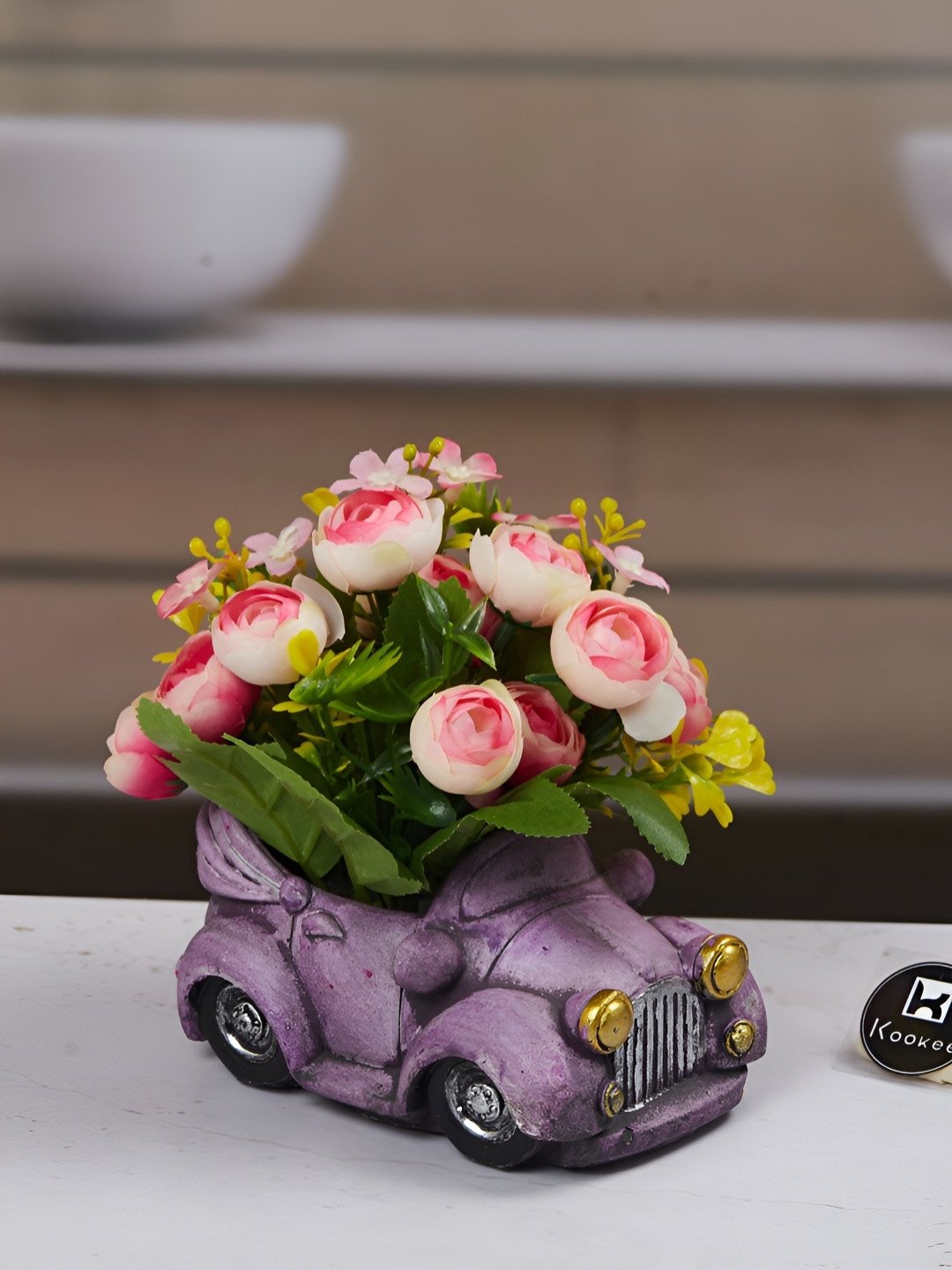 Kookee Green And Pink Artificial Flower With Pot