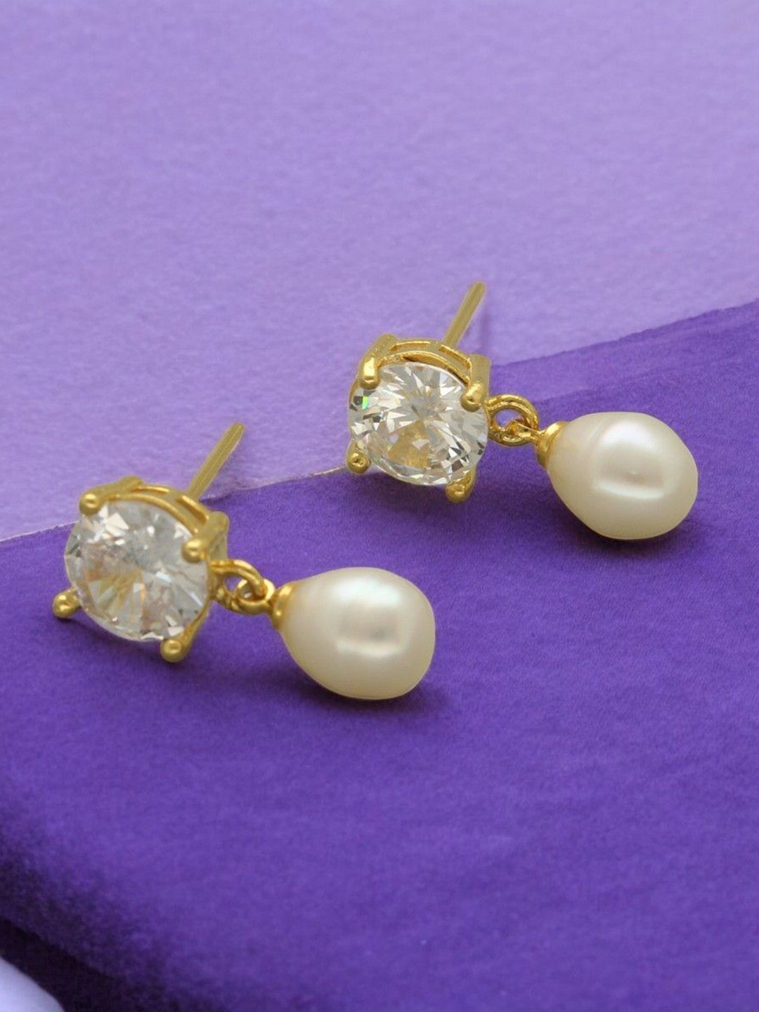 Sri Jagdamba Pearls Dealer Gold-Plated Pearls Studded Contemporary Shaped Drop Earrings