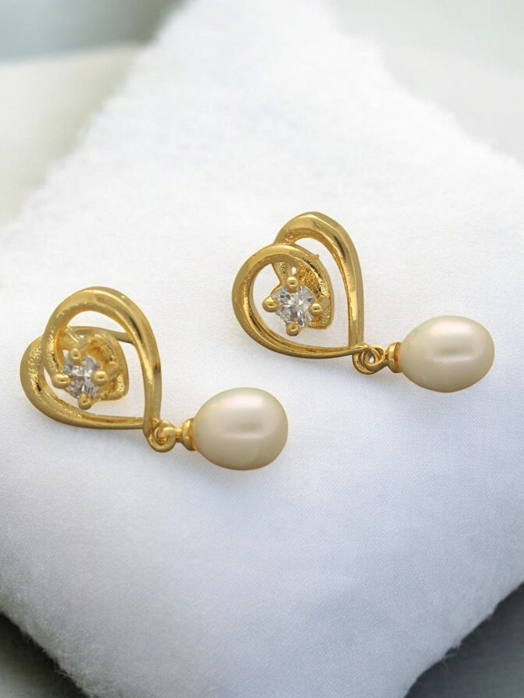 Sri Jagdamba Pearls Dealer Gold-Plated Pearls Studded Contemporary Shaped Drop Earrings