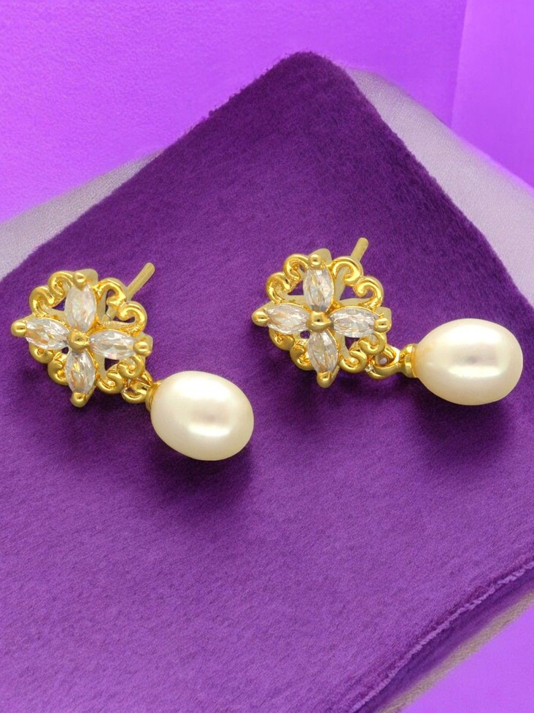 Sri Jagdamba Pearls Dealer Gold-Plated Pearls Studded Floral Shaped Drop Earrings
