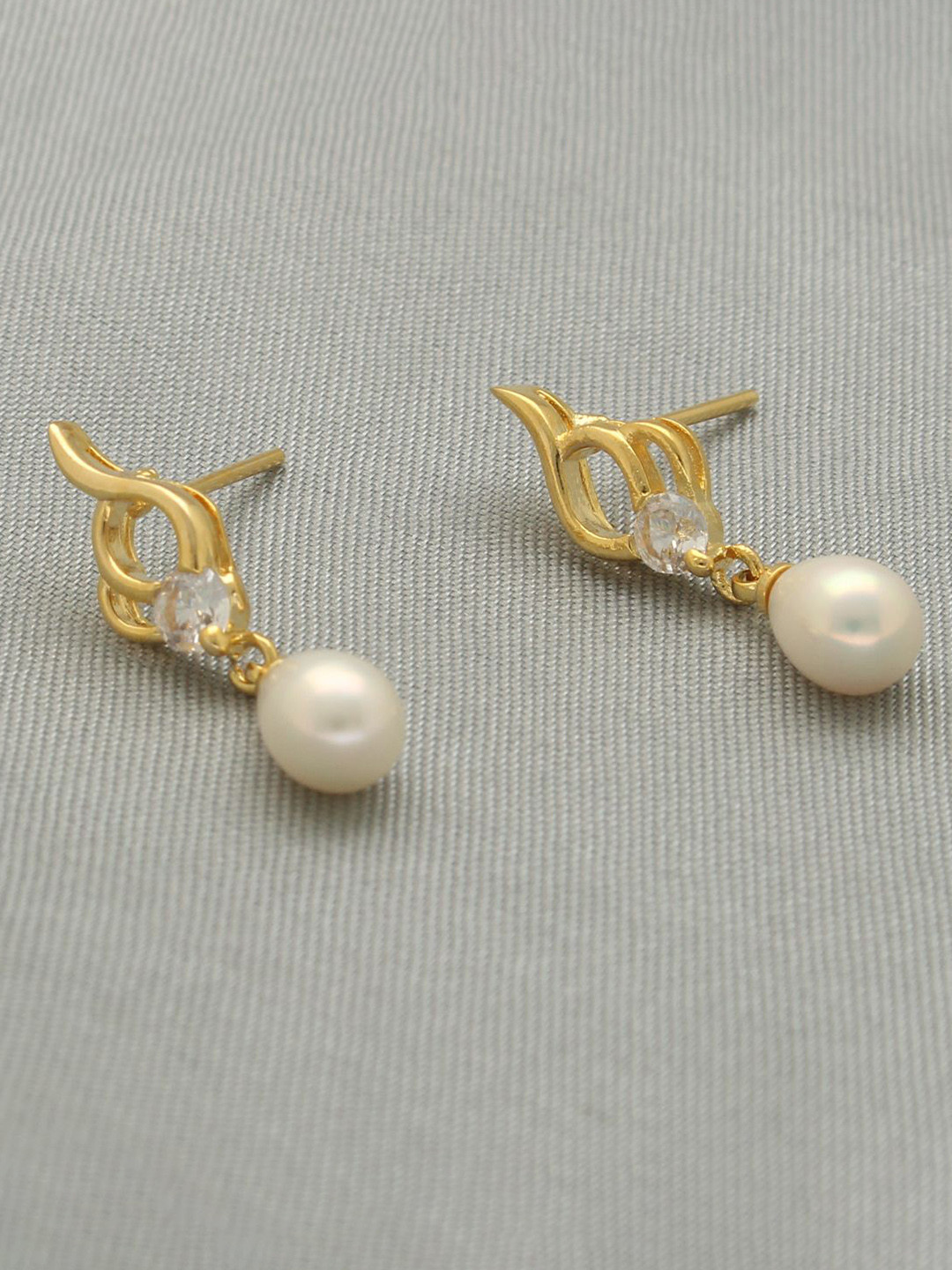 Sri Jagdamba Pearls Dealer Gold-Plated Pearls Studded Contemporary Shaped Drop Earrings
