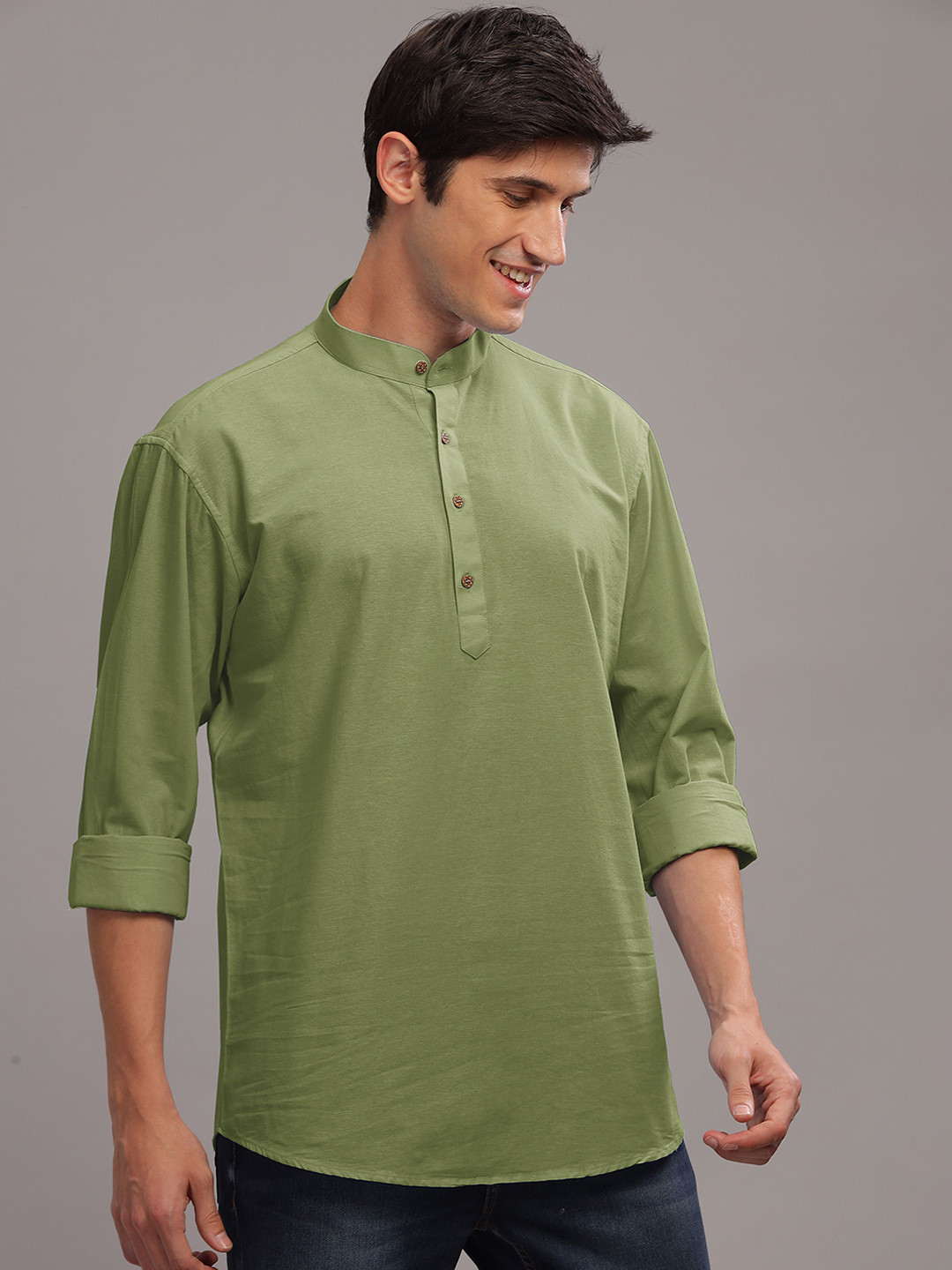 Anouk Green Band Collar Pure Cotton Short Kurta