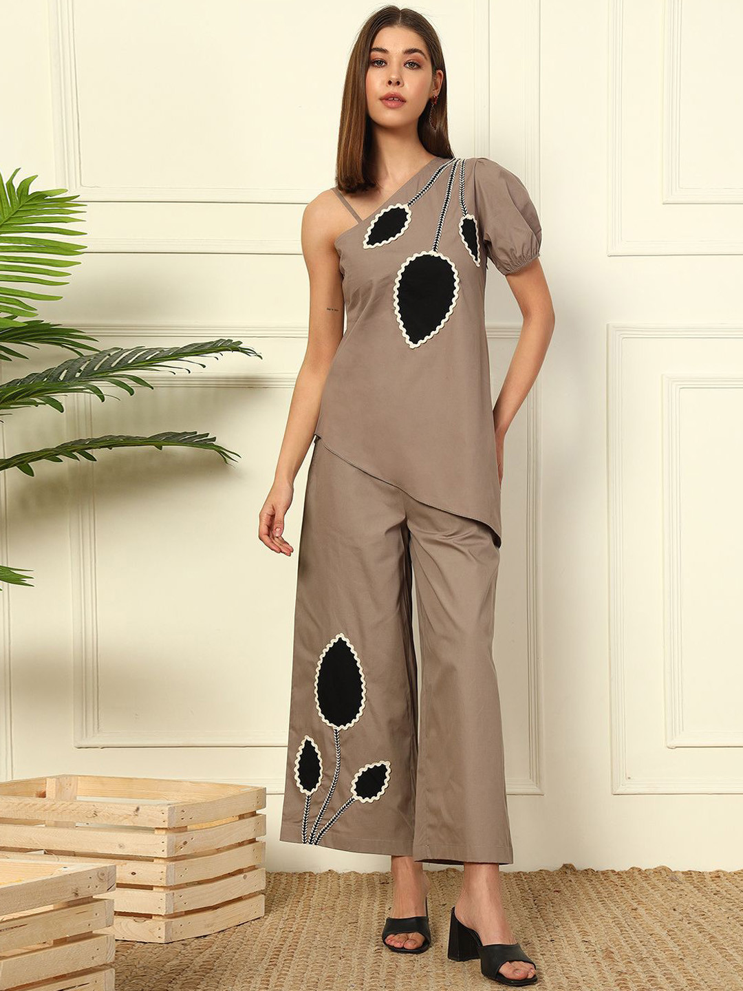 DEEBACO Floral Patch Work Asymmetric Pure Cotton Top With Palazzo