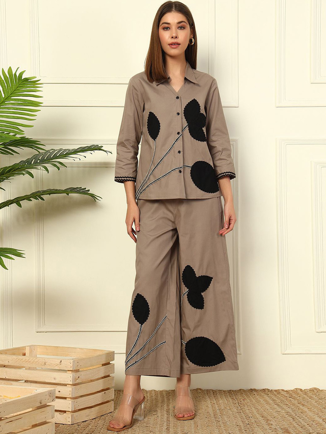 DEEBACO Floral Patch Work Pure Cotton Shirt With Trouser