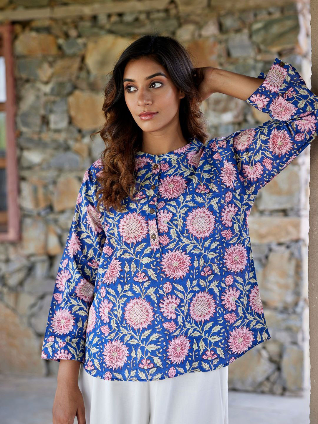JAIPURRANG Floral Printed Mandarin Collar Cotton Shirt Style Tunic