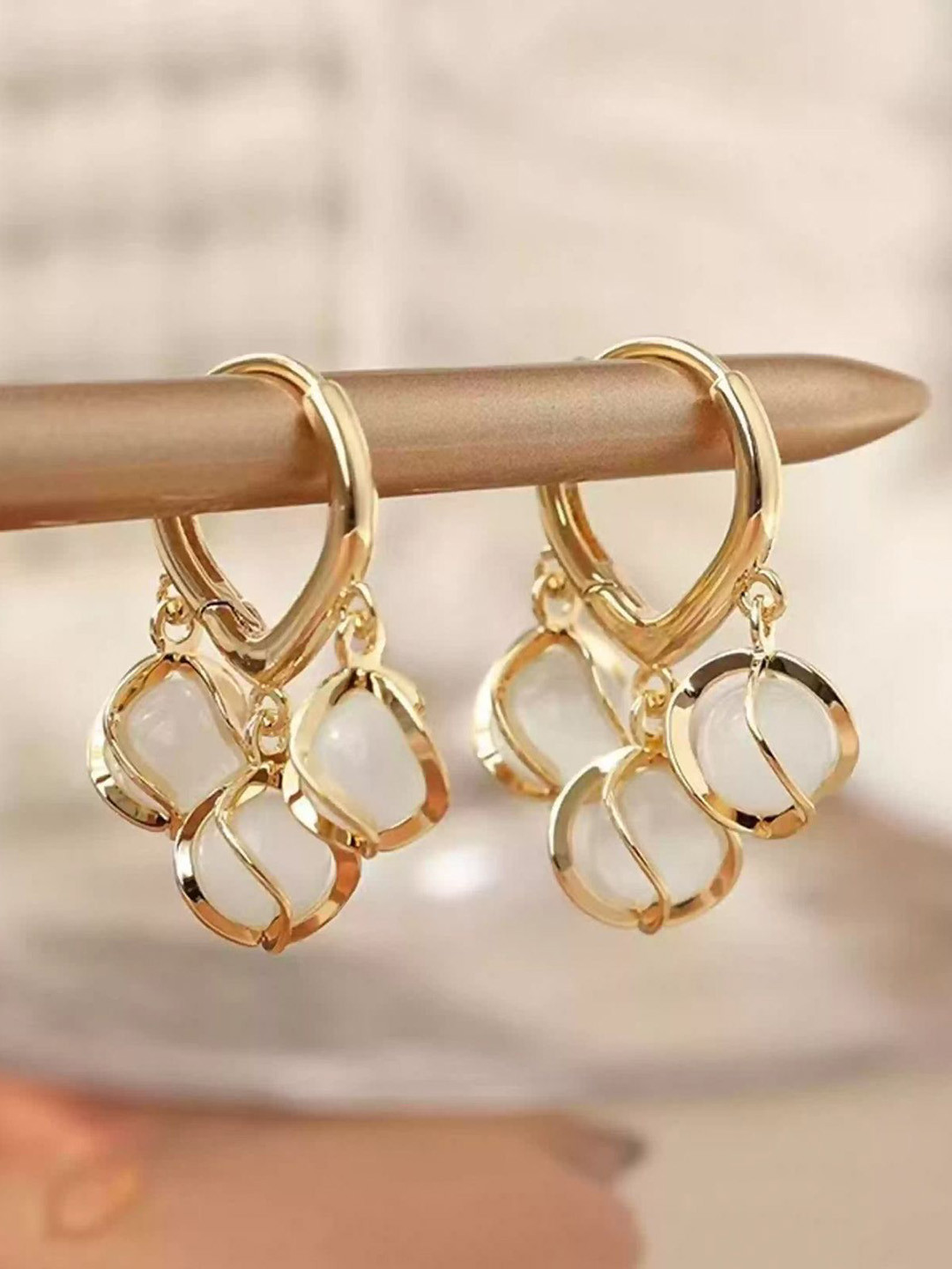 PolluxCraft Gold-Plated Opal And Cubic Zirconia Beaded Contemporary Drop Earrings