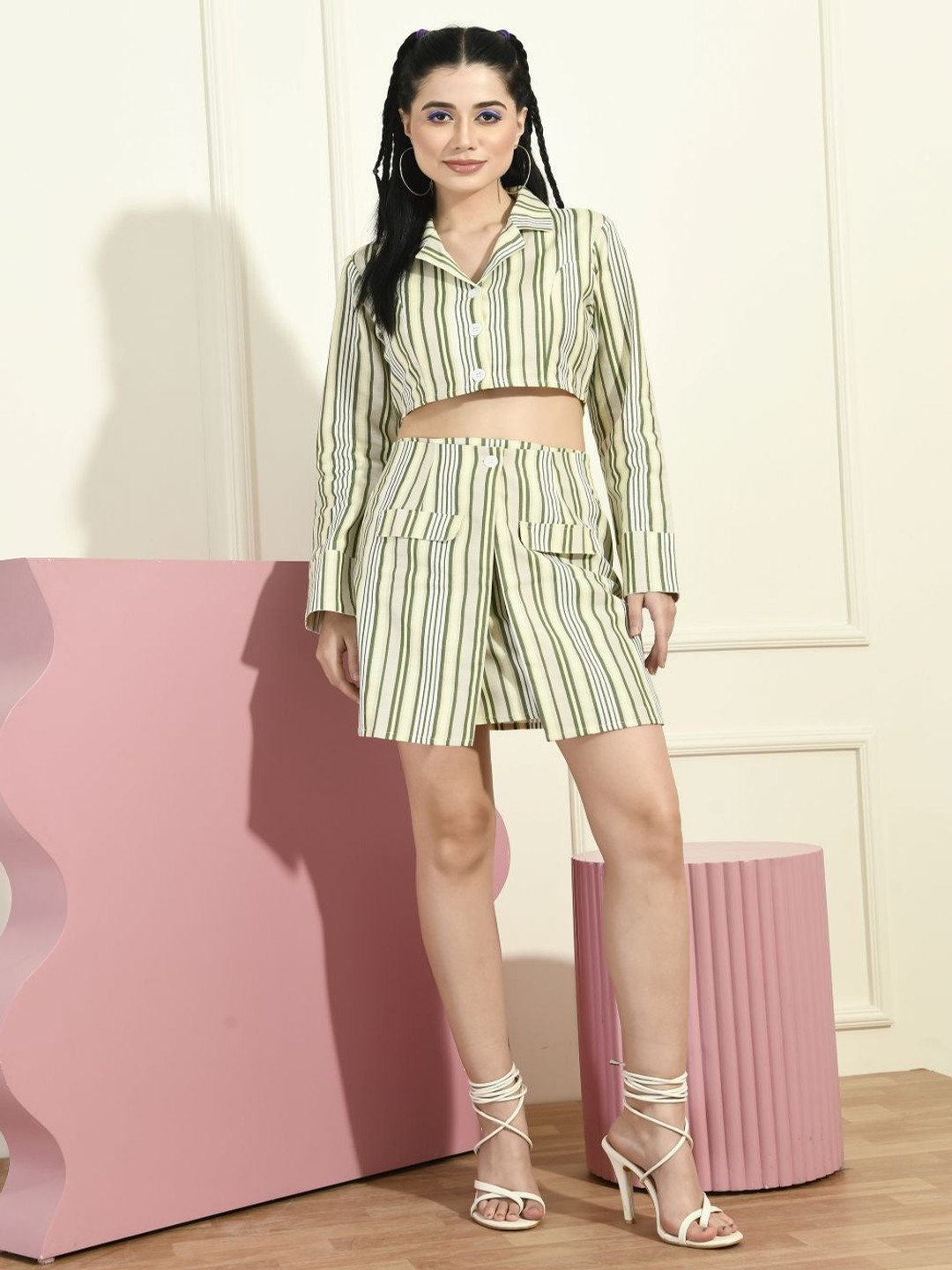 Fuchsia  Striped Shirt Collar Crop Shirt With Skirt