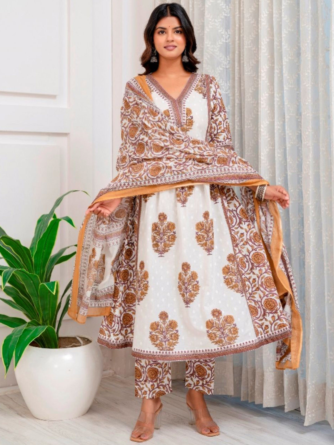 SINSINI Floral Printed V-Neck Pleated Anarkali Pure Cotton Kurta With Trousers & Dupatta