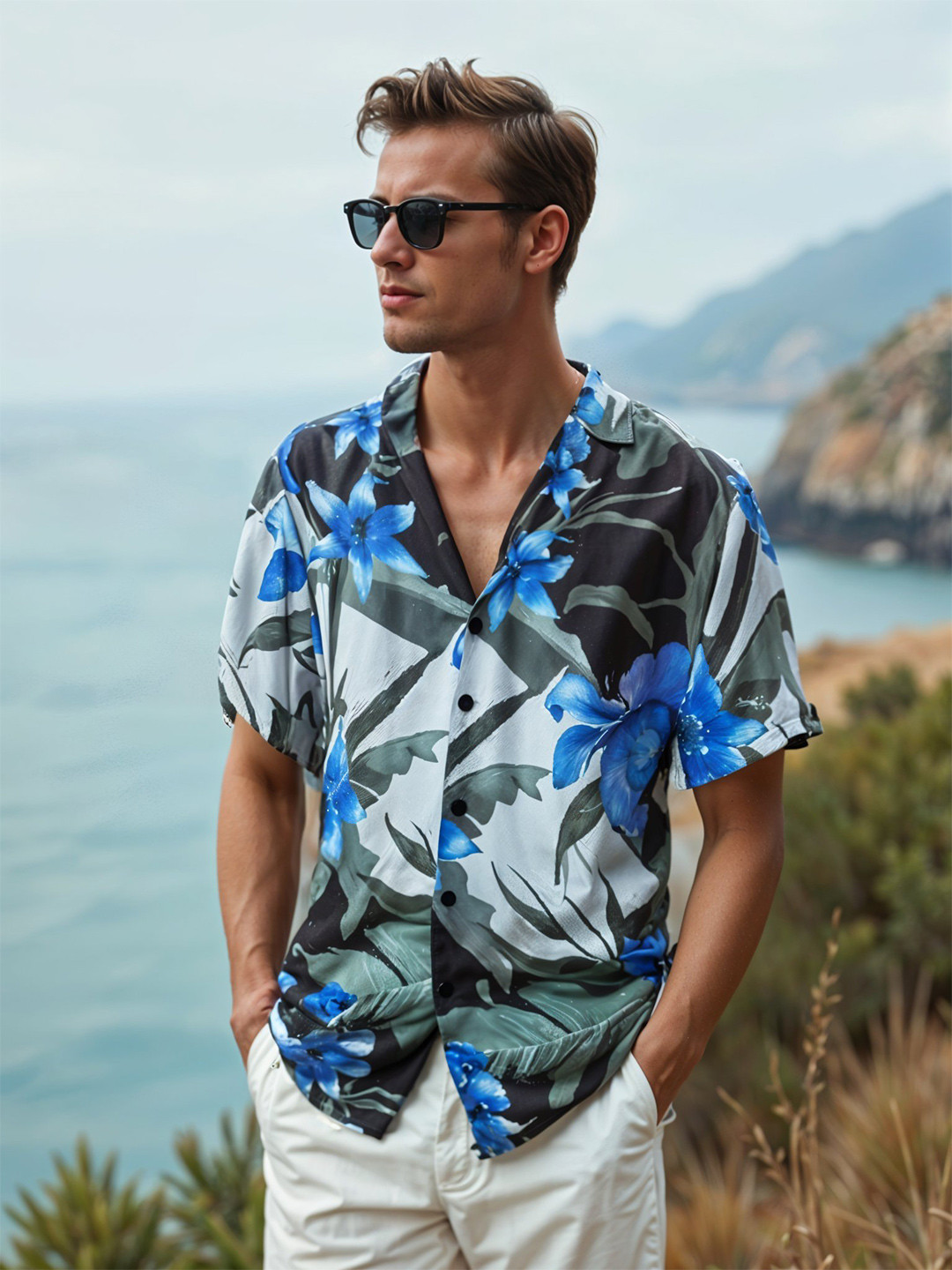 StitchX Men's Half Sleeve Floral Printed Lightweight Cuban Collar Shirt