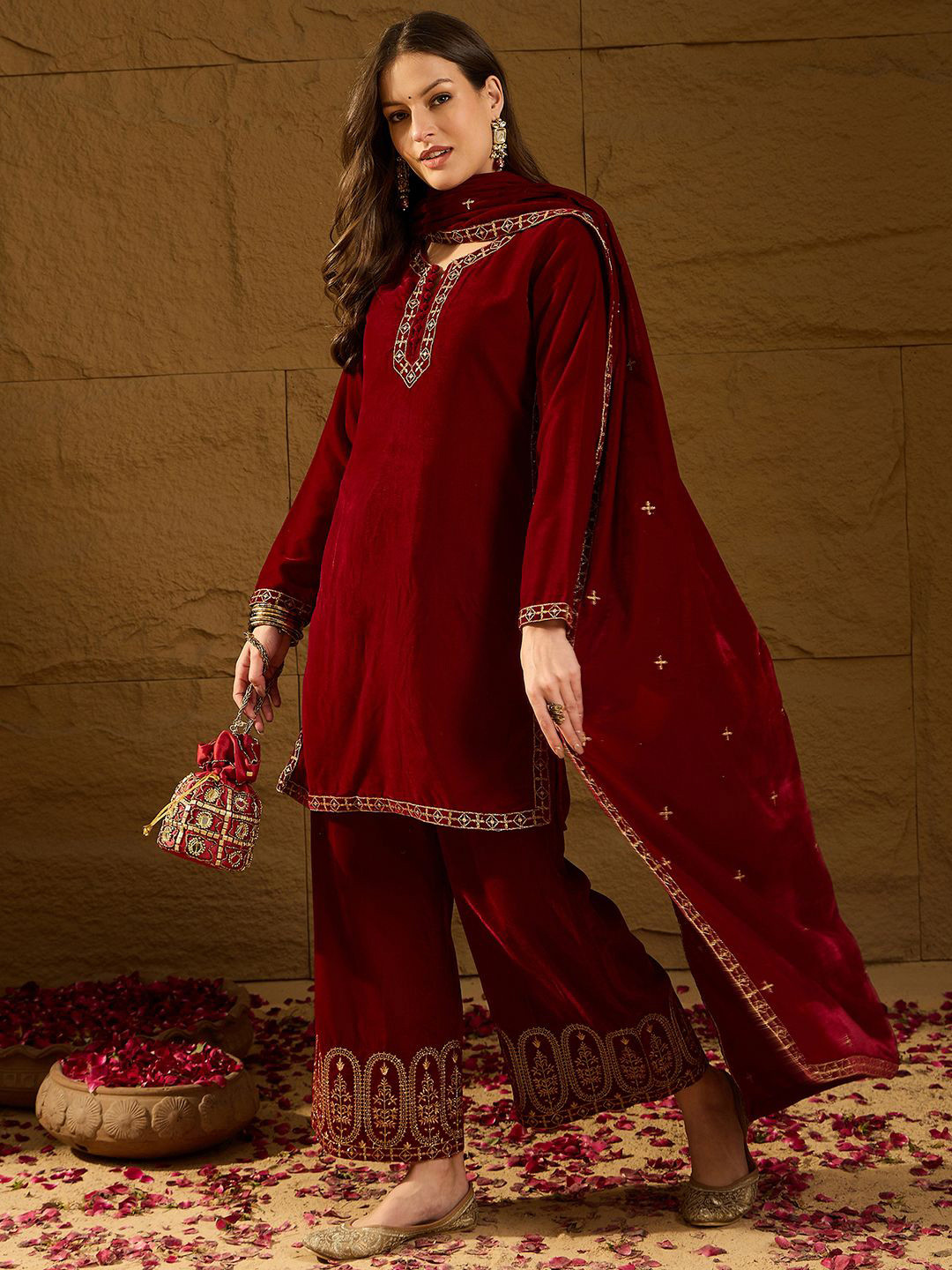AHIKA Red Floral Embroidered Round Neck Velvet Straight Kurta With Palazzos & Dupatta