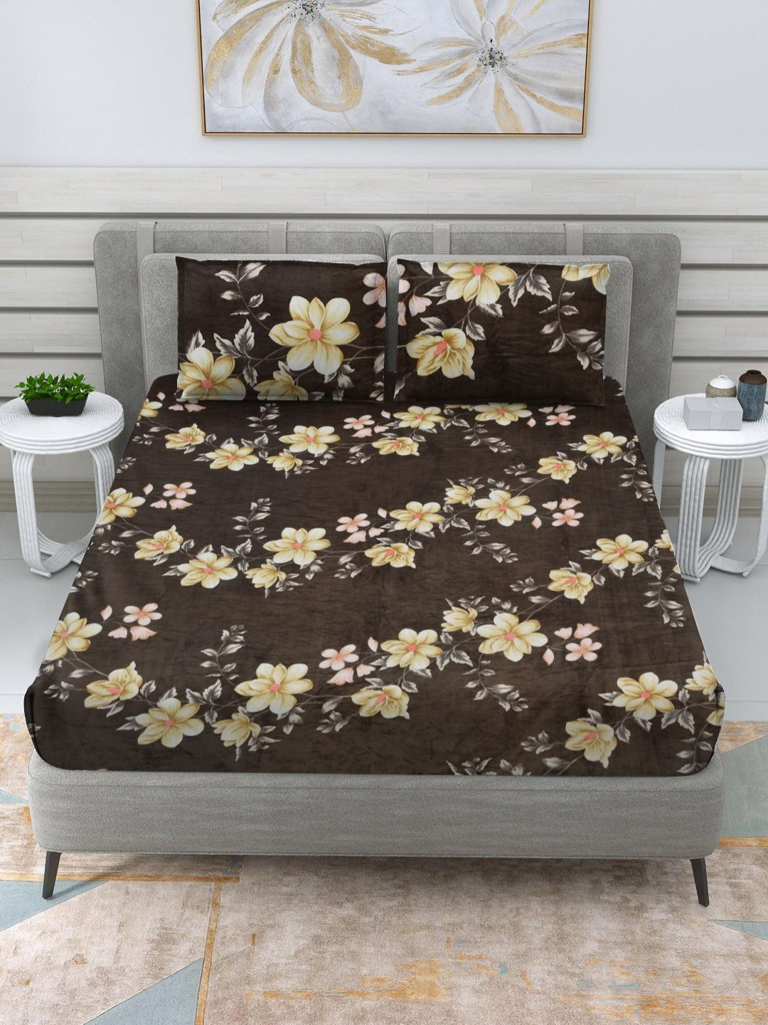 RRC Rr Creations Brown Floral Wool 300 TC Double Fine Bedsheet with 2 Pillow Covers-90 x 100 inches