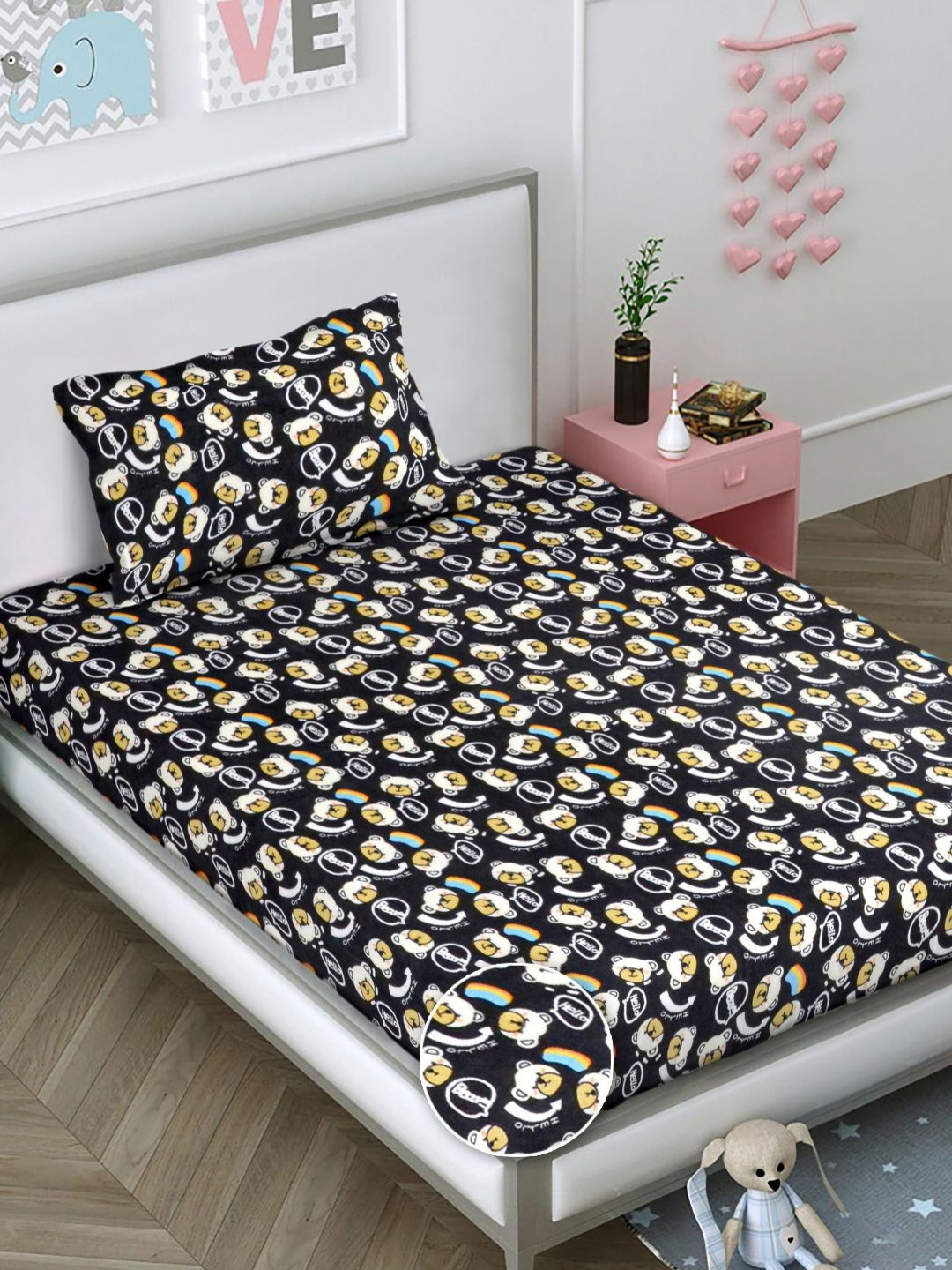 FABINALIV Cartoon Woollen Black Conversational Velvet Skin-Friendly 300 TC Single Fine Bedsheet with a Pillow Cover-87 x 59 inches