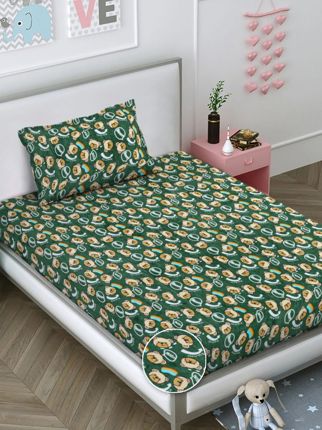FABINALIV Green Cartoon Characters Wool Skin-Friendly 300 TC Fitted Single Fine Bedsheet with a Pillow Cover-87 x 59 inches